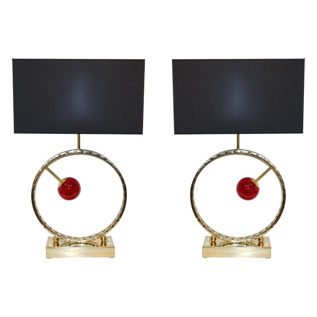 Contemporary Italian Monumental Pair of Brass & Smoked Murano Glass Table Lamps (Messing) im Angebot