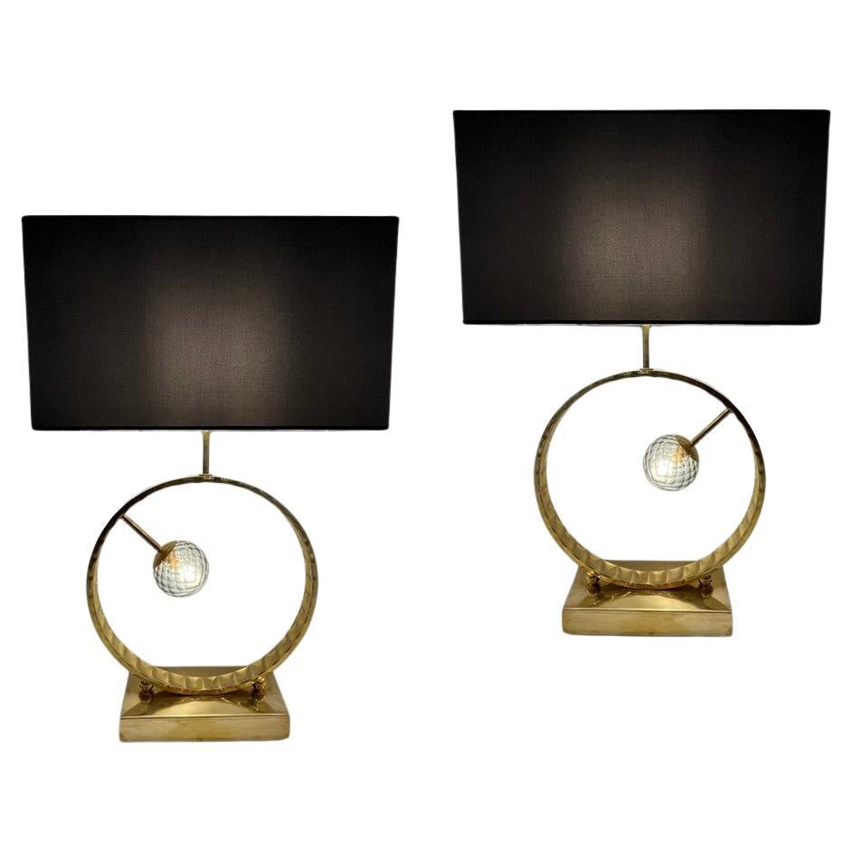 Contemporary Italian Monumental Pair of Brass & Smoked Murano Glass Table Lamps For Sale 4