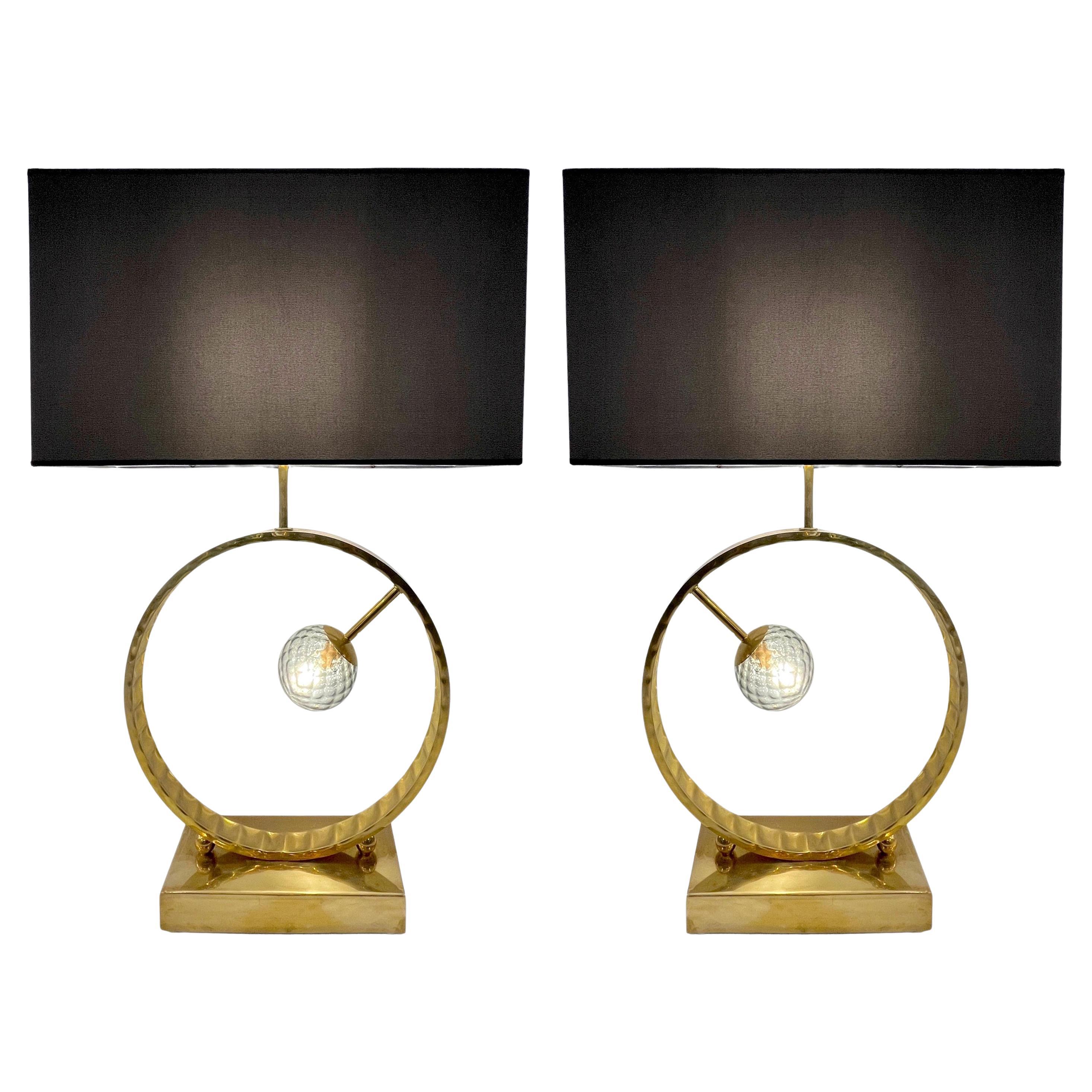 Contemporary Italian Monumental Pair of Brass & Smoked Murano Glass Table Lamps