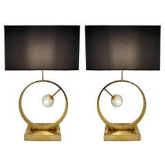 Contemporary Italian Monumental Pair of Brass & Smoked Murano Glass Table Lamps