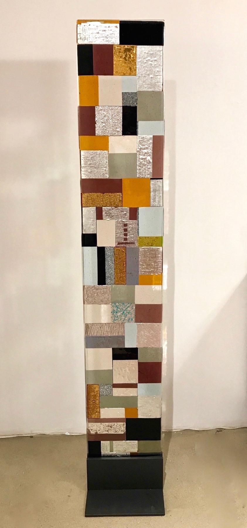 Contemporary modern Murano Art glass sculpture, a decorative panel displayed on a dark grey iron base, realized as a colorful Mosaic, grey, yellow, burgundy, white and black murrine, aqua blue, amethyst purple glass with silver and gold accents,