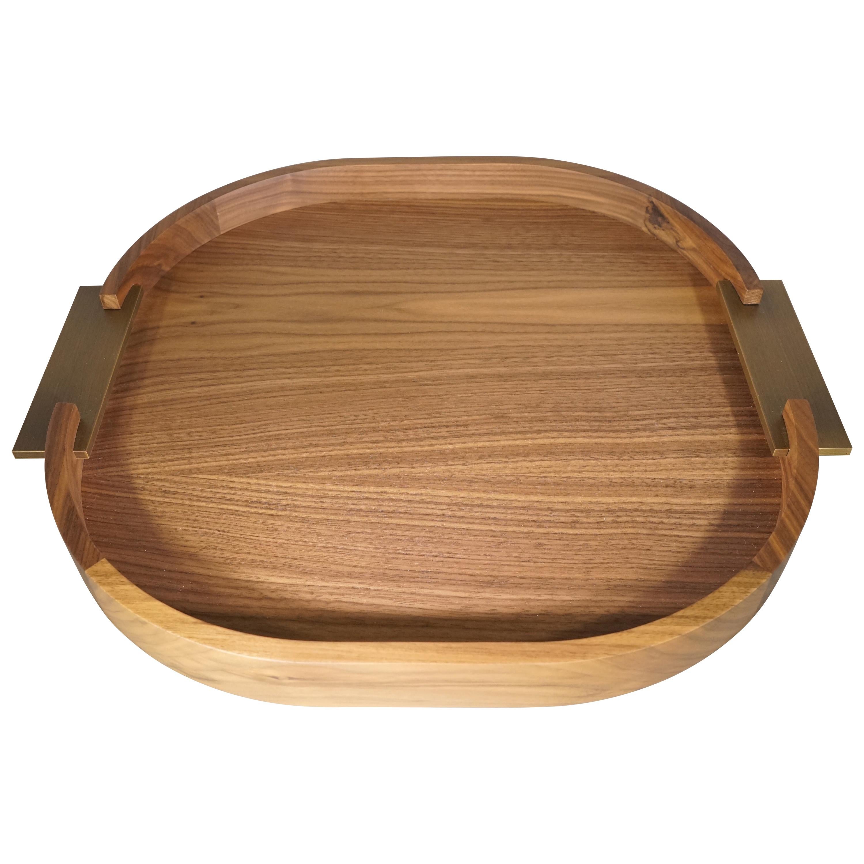 Contemporary Italian Natural Wood Small Round Riviere Tray with Metal Handles