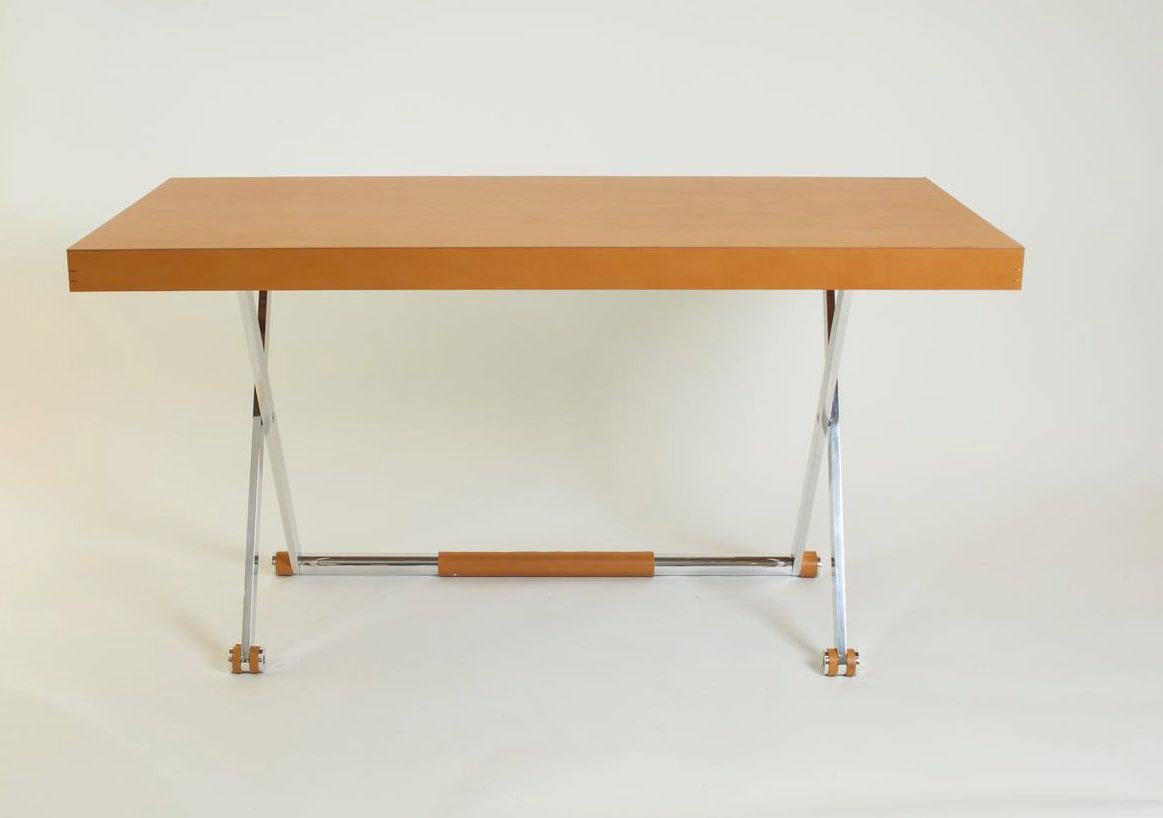 Contemporary Italian Saddle Brown Leather Desk with Matching Stool 1