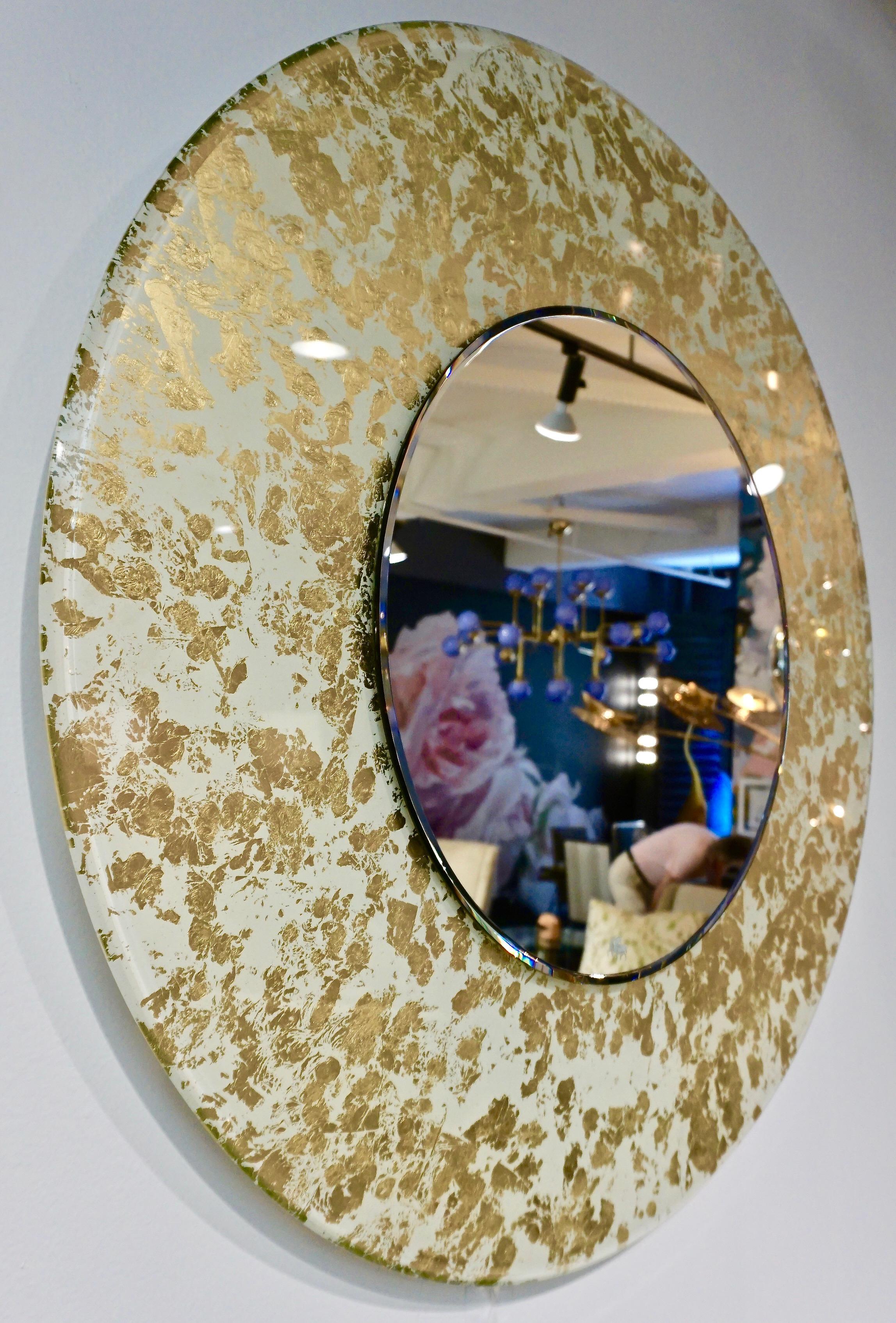 Glass Contemporary Italian Organic Modern Ivory White and Gold Leaf Round Lit Mirror For Sale