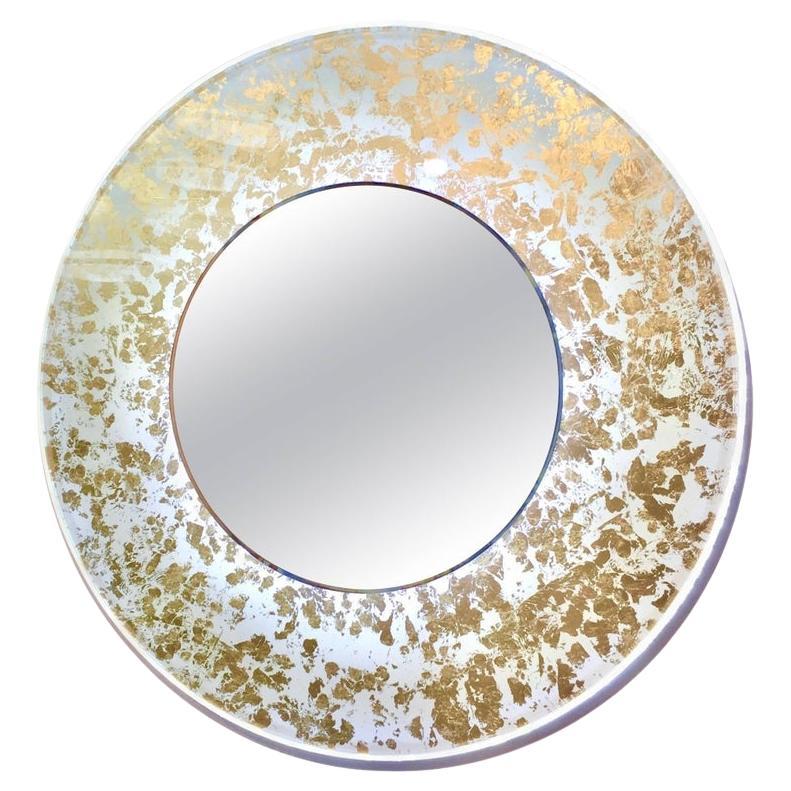 Contemporary Italian Organic Modern Ivory White and Gold Leaf Round Lit Mirror For Sale