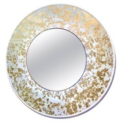 Contemporary Italian Organic Modern Ivory White and Gold Leaf Round Lit Mirror