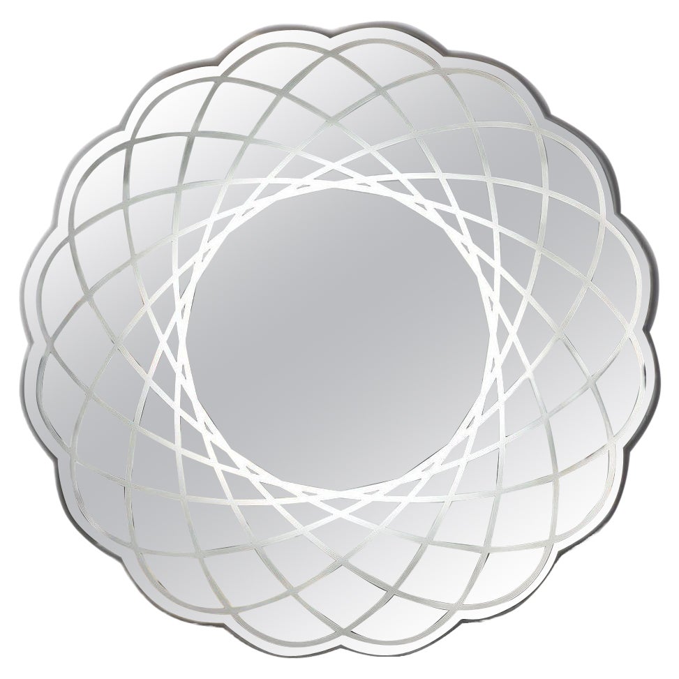 Miroir rond festonné italien contemporain moderne et organique décoré de dentelle, avec lumière