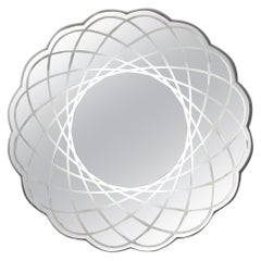 Miroir rond festonné italien contemporain moderne et organique décoré de dentelle, avec lumière