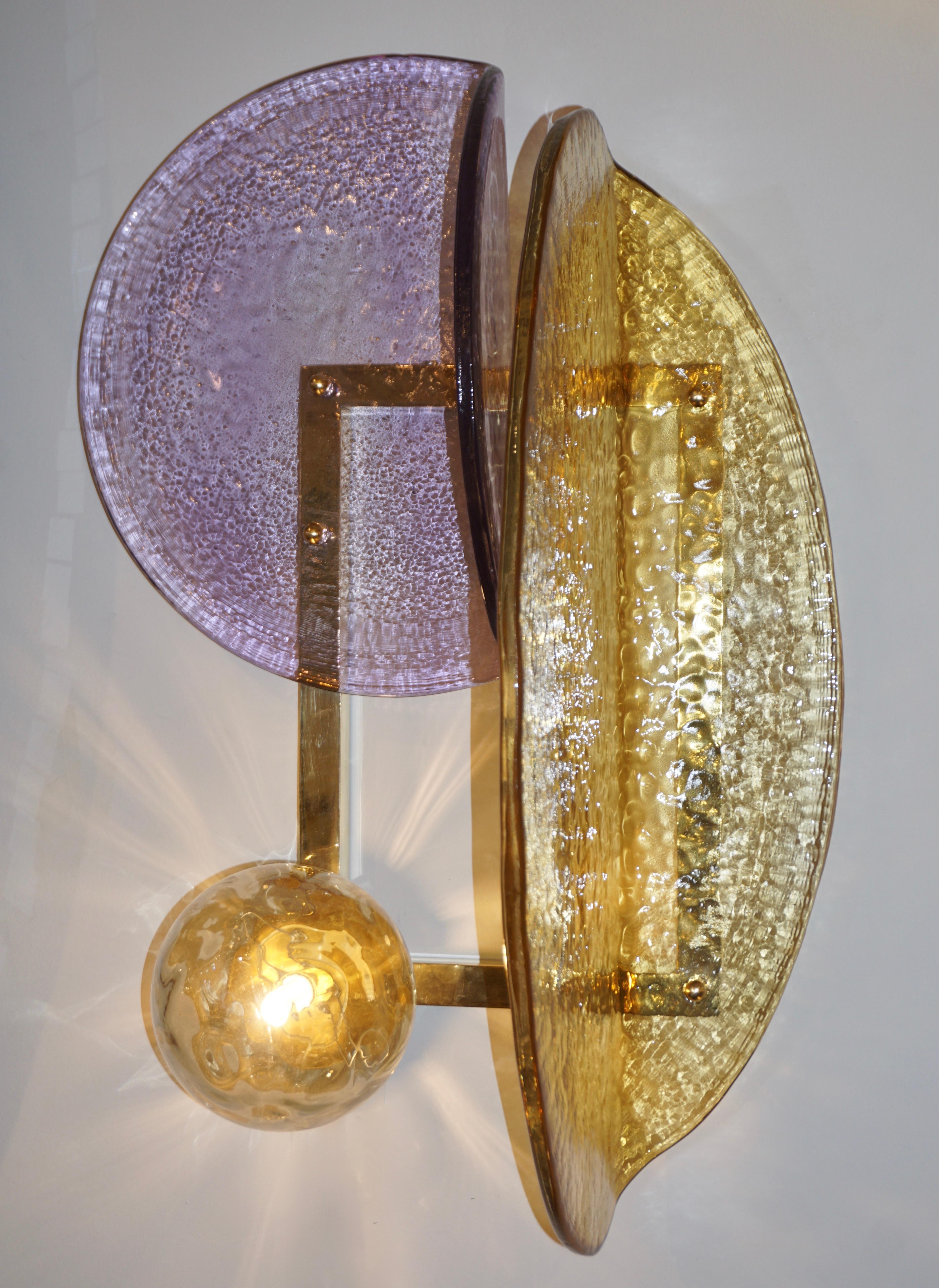 Contemporary Italian Pair of Amethyst and Amber Murano Glass Gold Brass Sconces For Sale 6