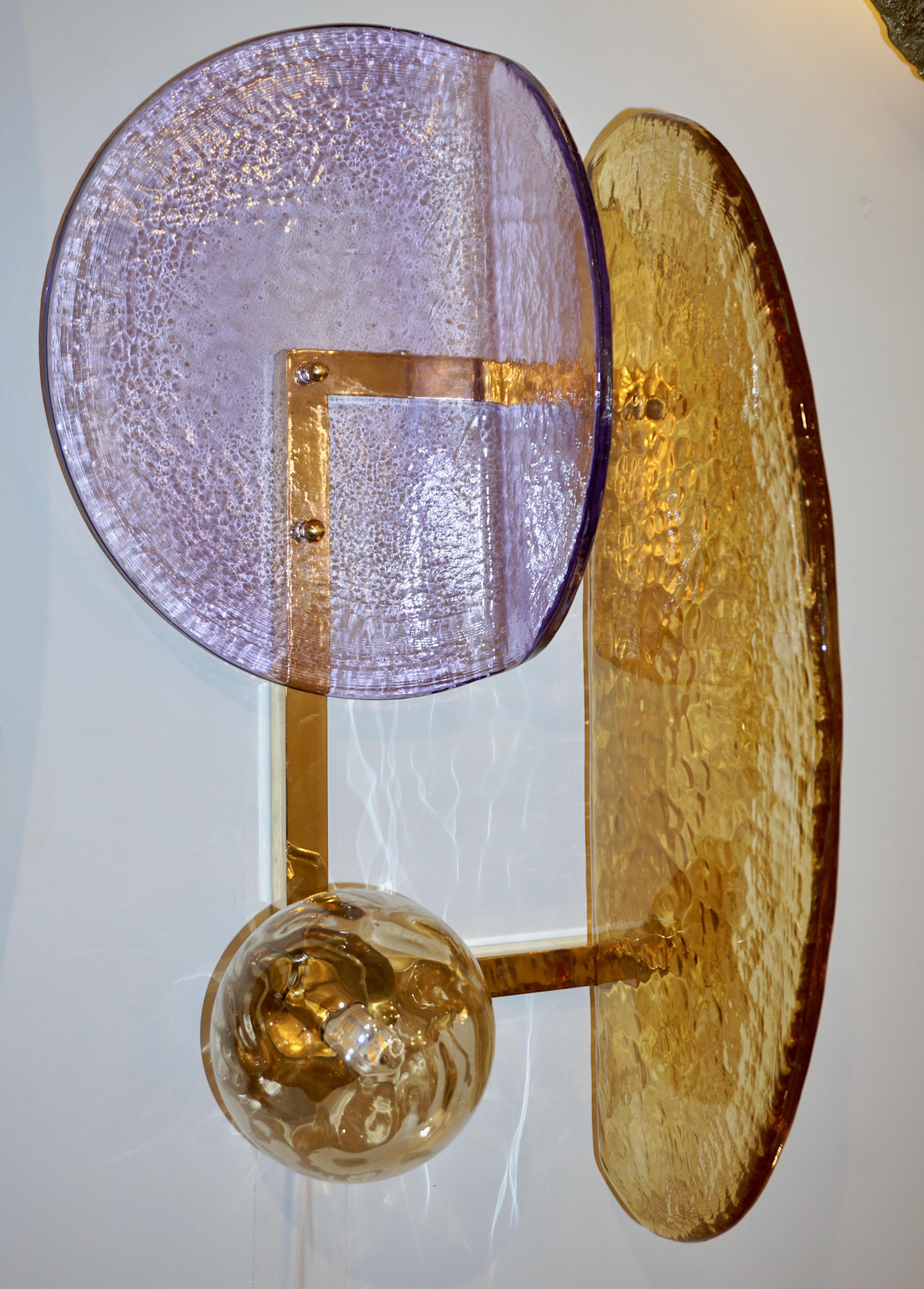 Contemporary Italian Pair of Amethyst and Amber Murano Glass Gold Brass Sconces For Sale 9