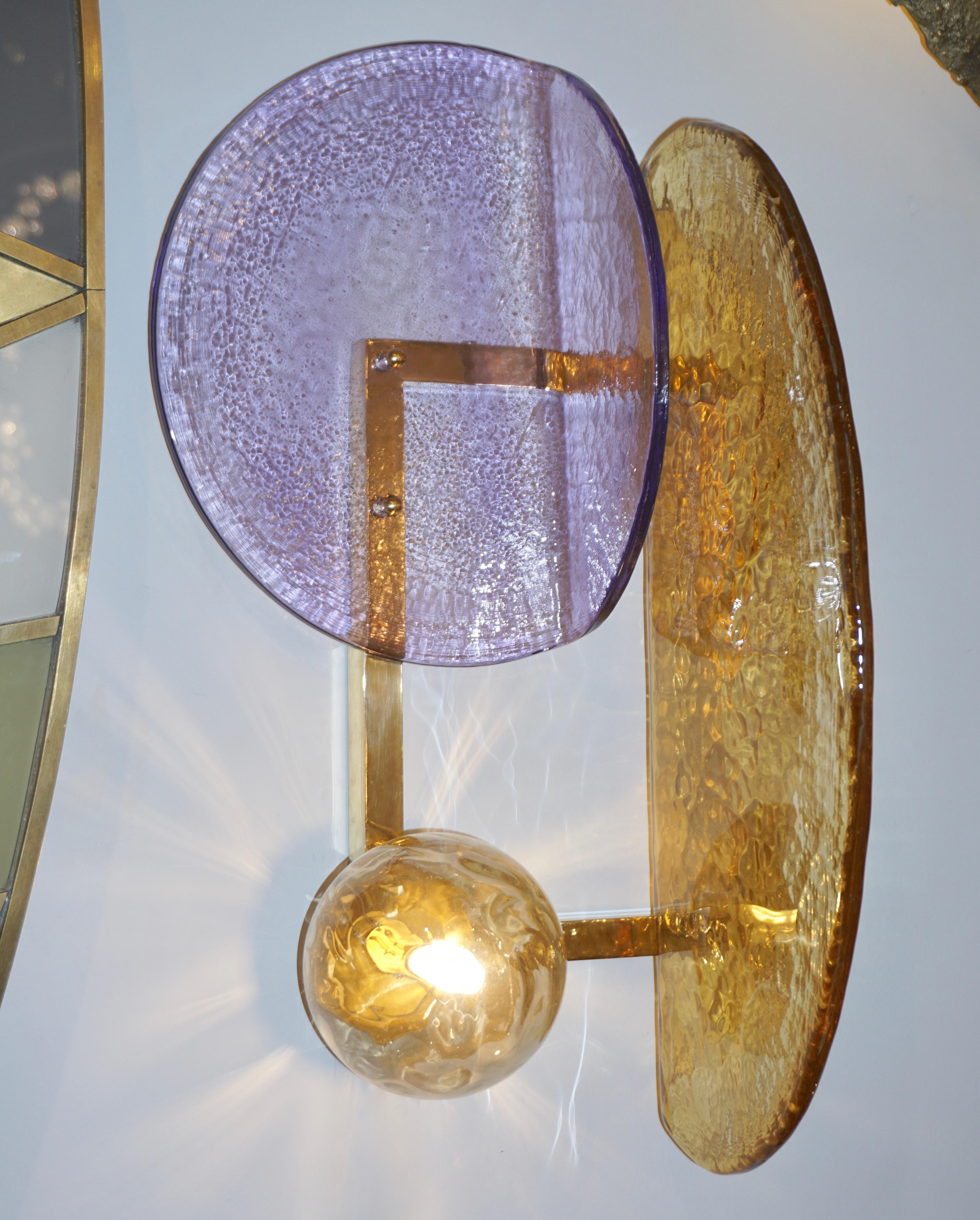 Contemporary Italian Pair of Amethyst and Amber Murano Glass Gold Brass Sconces For Sale 1