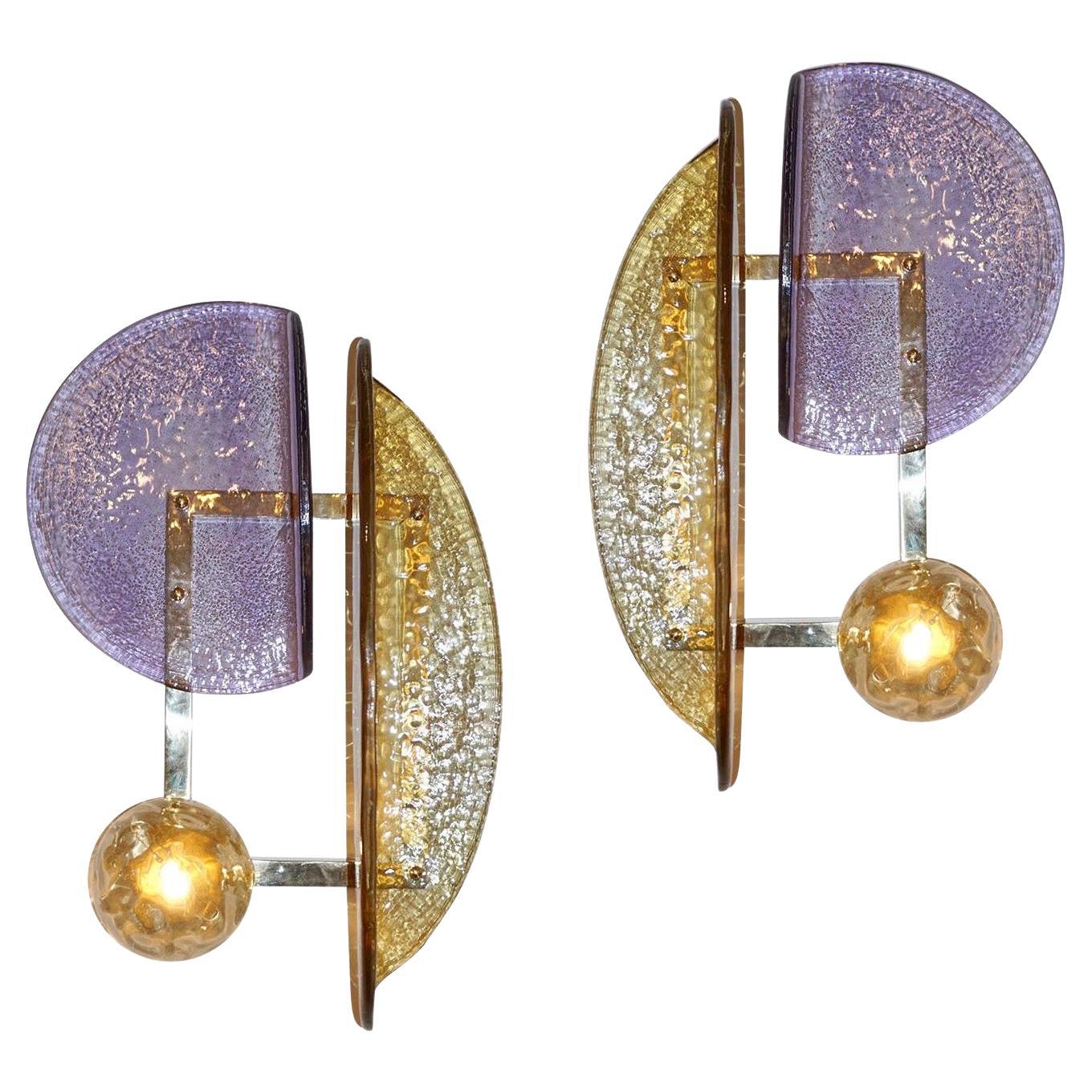 Contemporary Italian Pair of Amethyst and Amber Murano Glass Gold Brass Sconces