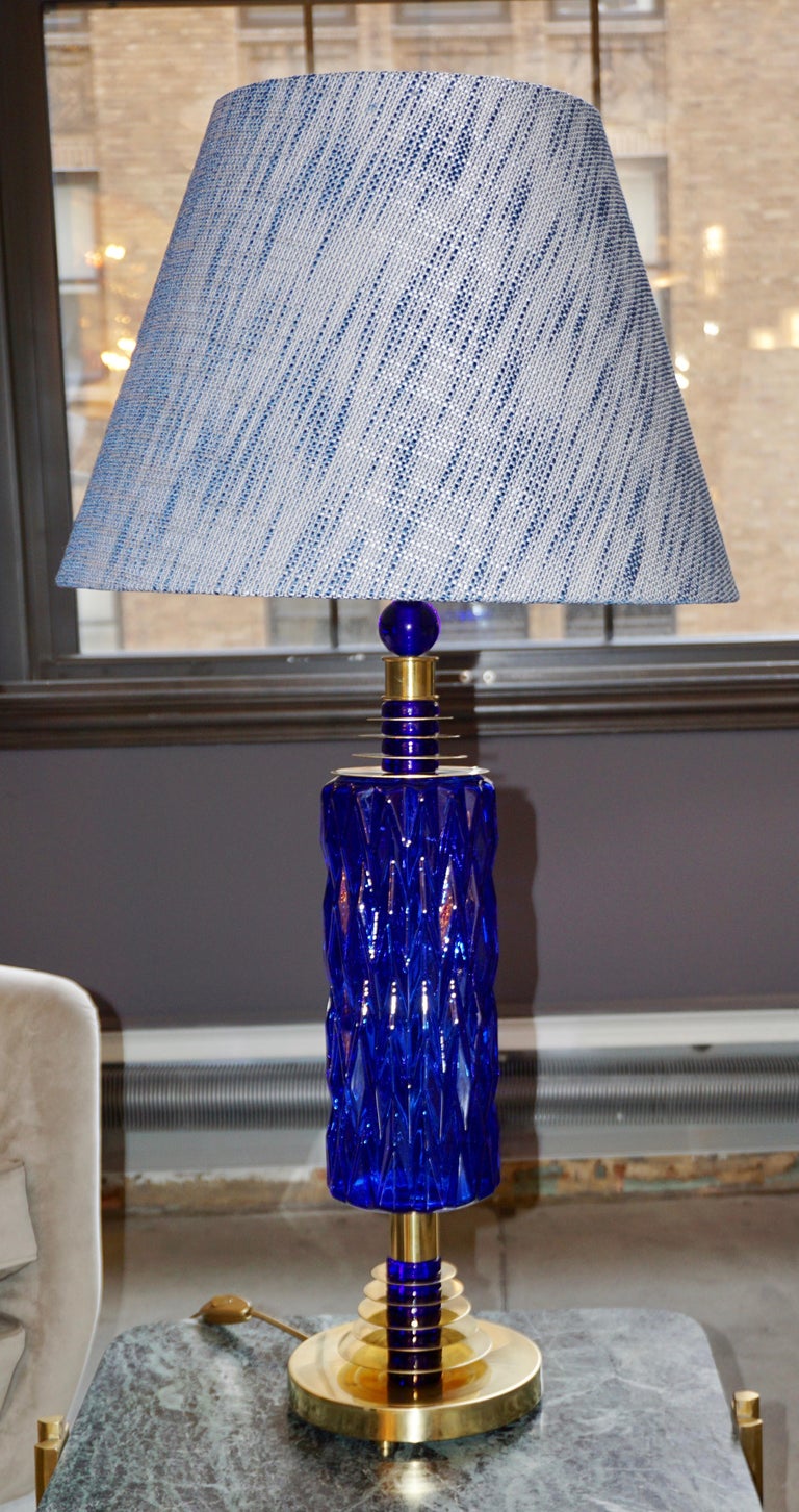 Contemporary Italian Pair of Brass and Cobalt Blue Murano Glass Table