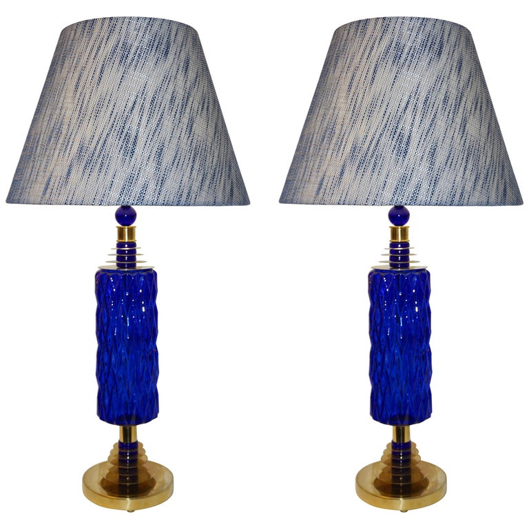 Contemporary Italian Pair of Brass and Cobalt Blue Murano Glass Table Lamps For Sale