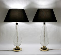 Contemporary Italian Pair of Diamond Cut Black and Crystal Murano Glass Lamps