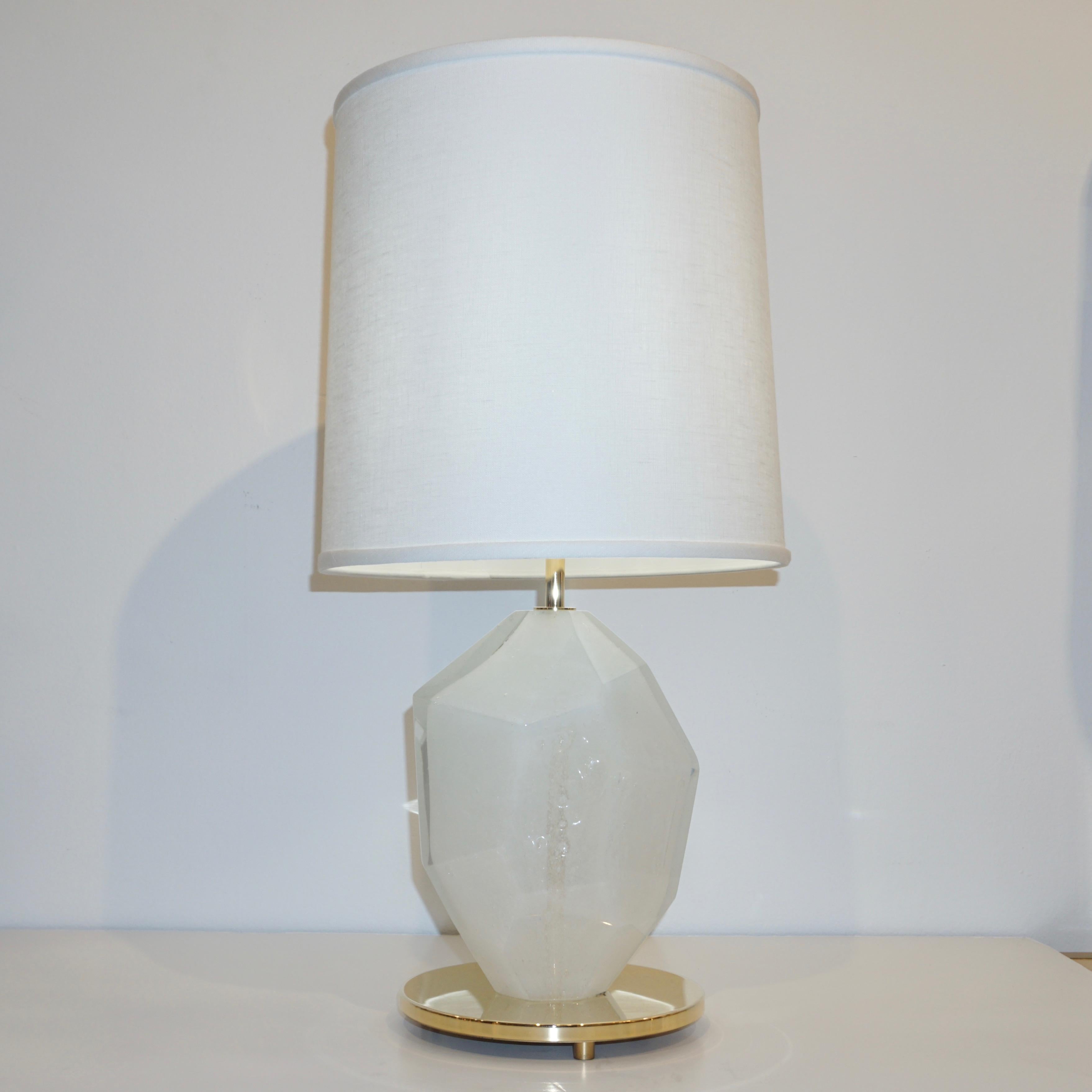 Contemporary Italian Pair of Faceted Solid Rock Frosted White Glass Brass Lamps 4