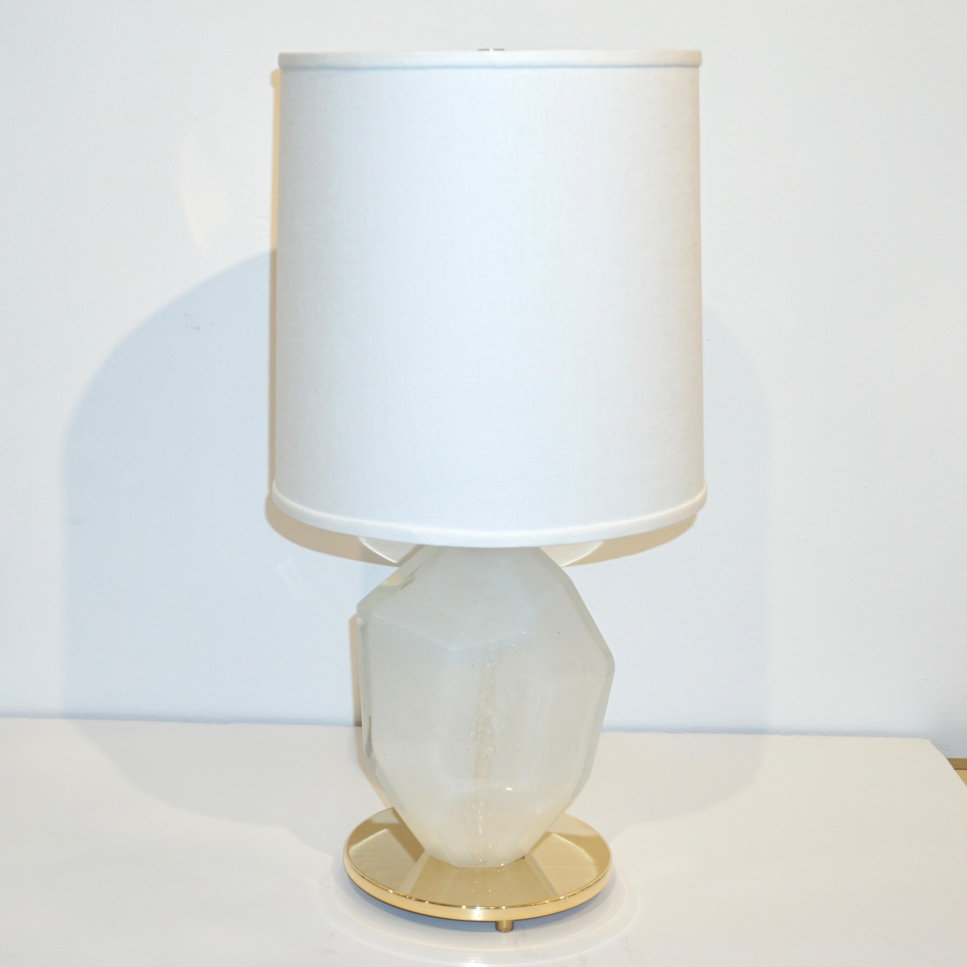 Contemporary Italian Pair of Faceted Solid Rock Frosted White Glass Brass Lamps 6