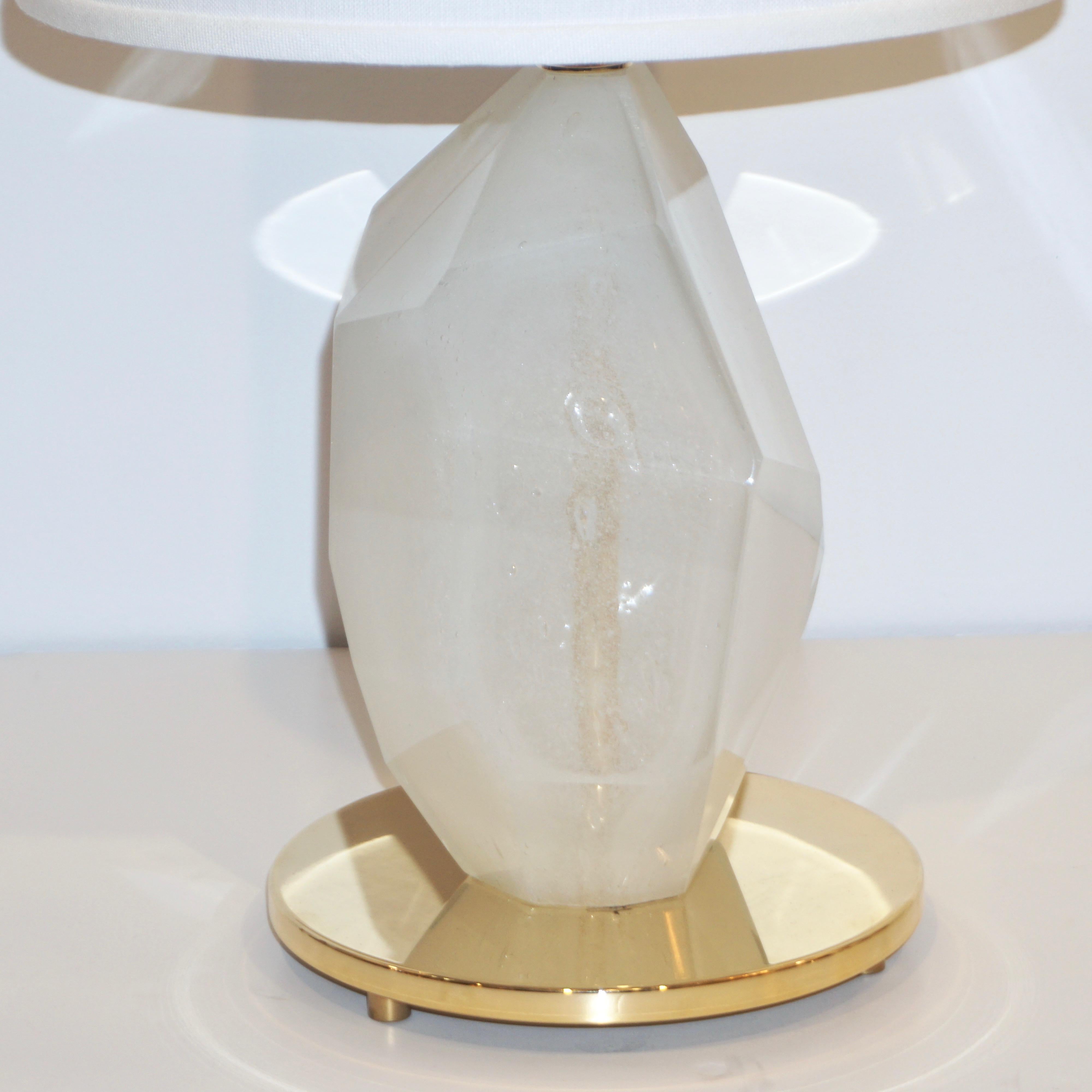 Contemporary Italian Pair of Faceted Solid Rock Frosted White Glass Brass Lamps 7