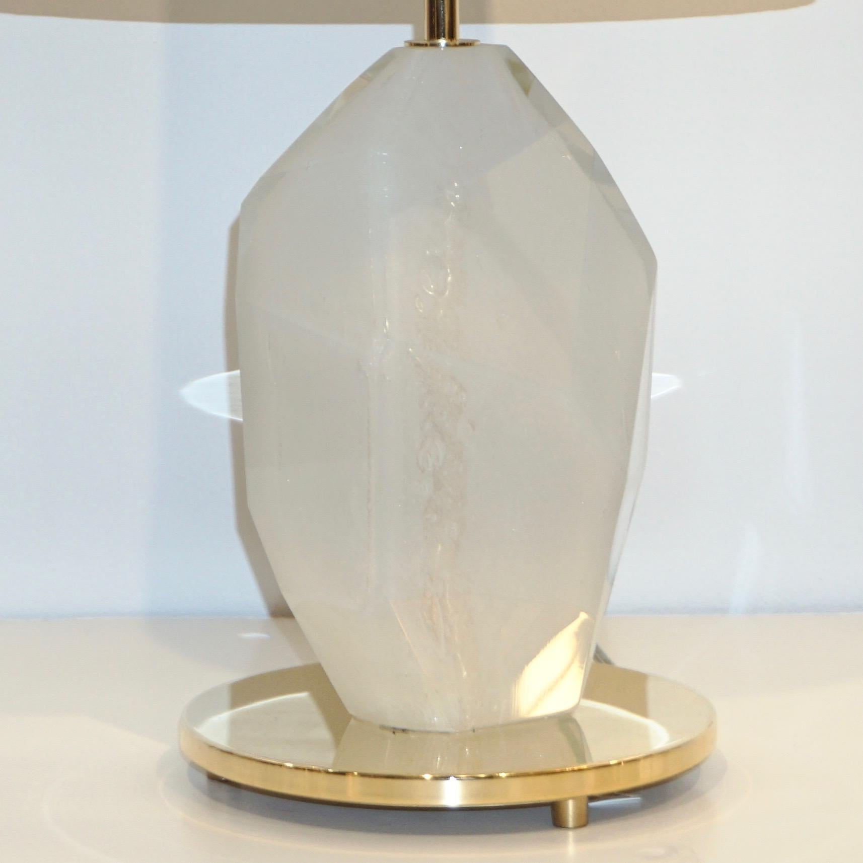 Hand-Crafted Contemporary Italian Pair of Faceted Solid Rock Frosted White Glass Brass Lamps
