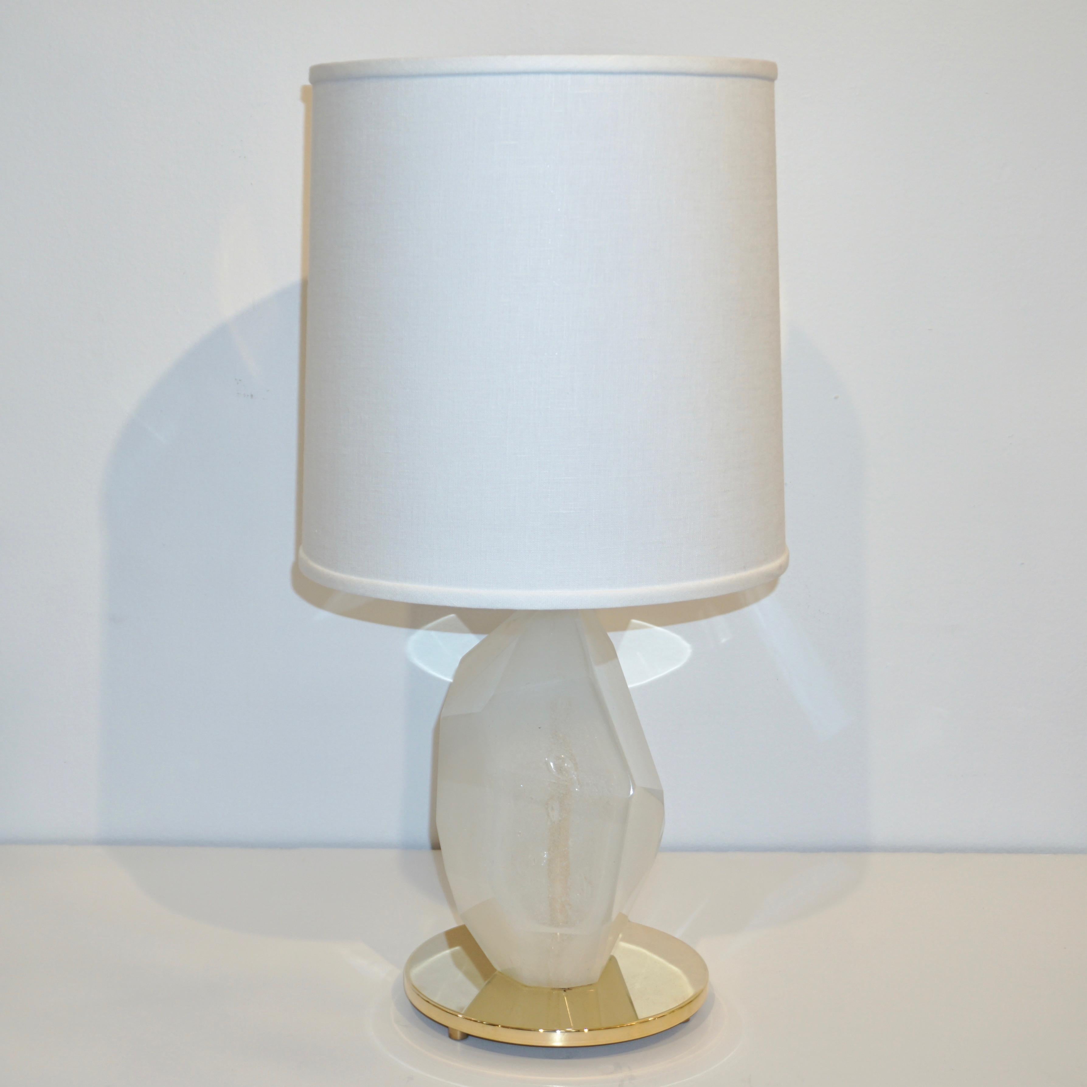 Murano Glass Contemporary Italian Pair of Faceted Solid Rock Frosted White Glass Brass Lamps