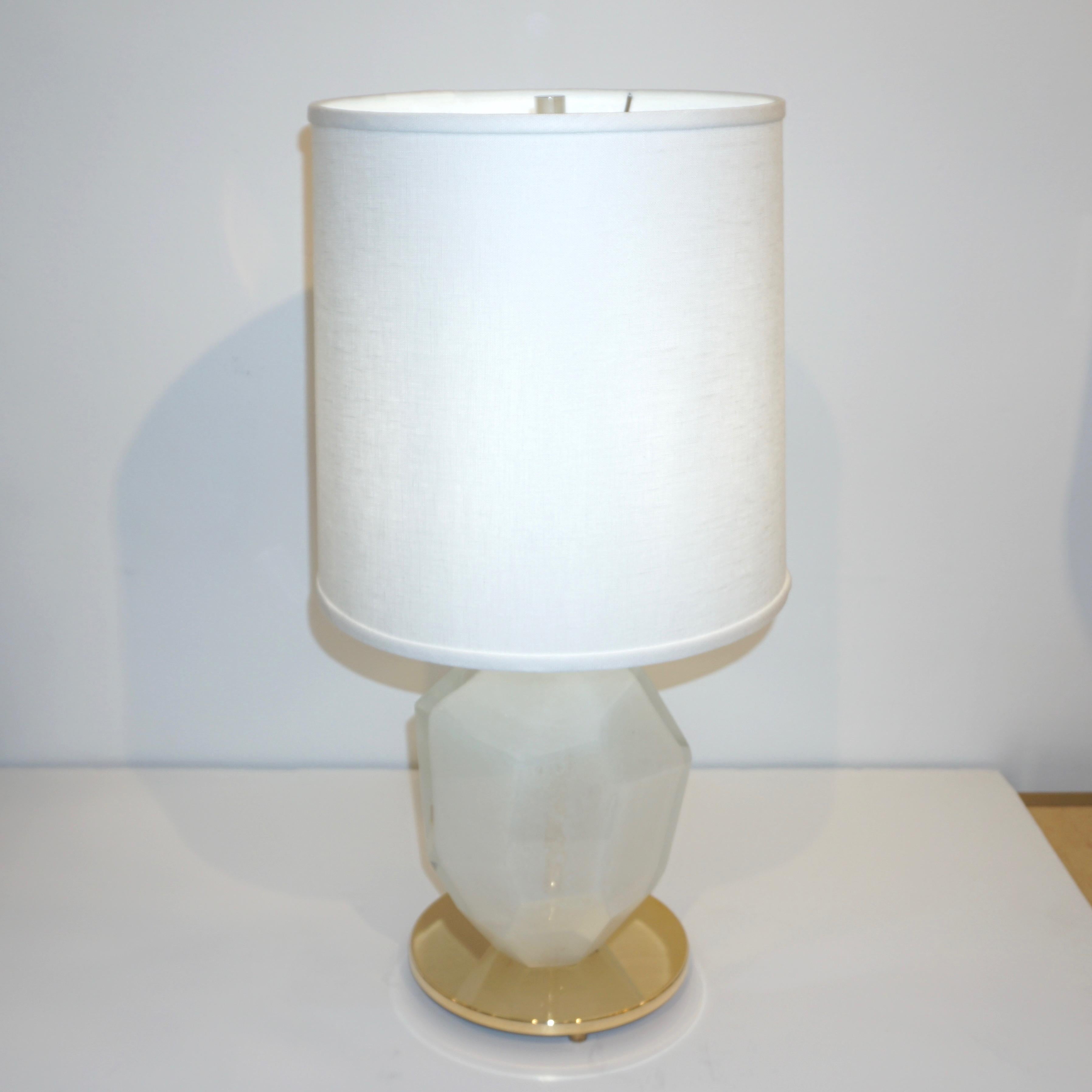 Contemporary Italian Pair of Faceted Solid Rock Frosted White Glass Brass Lamps 1