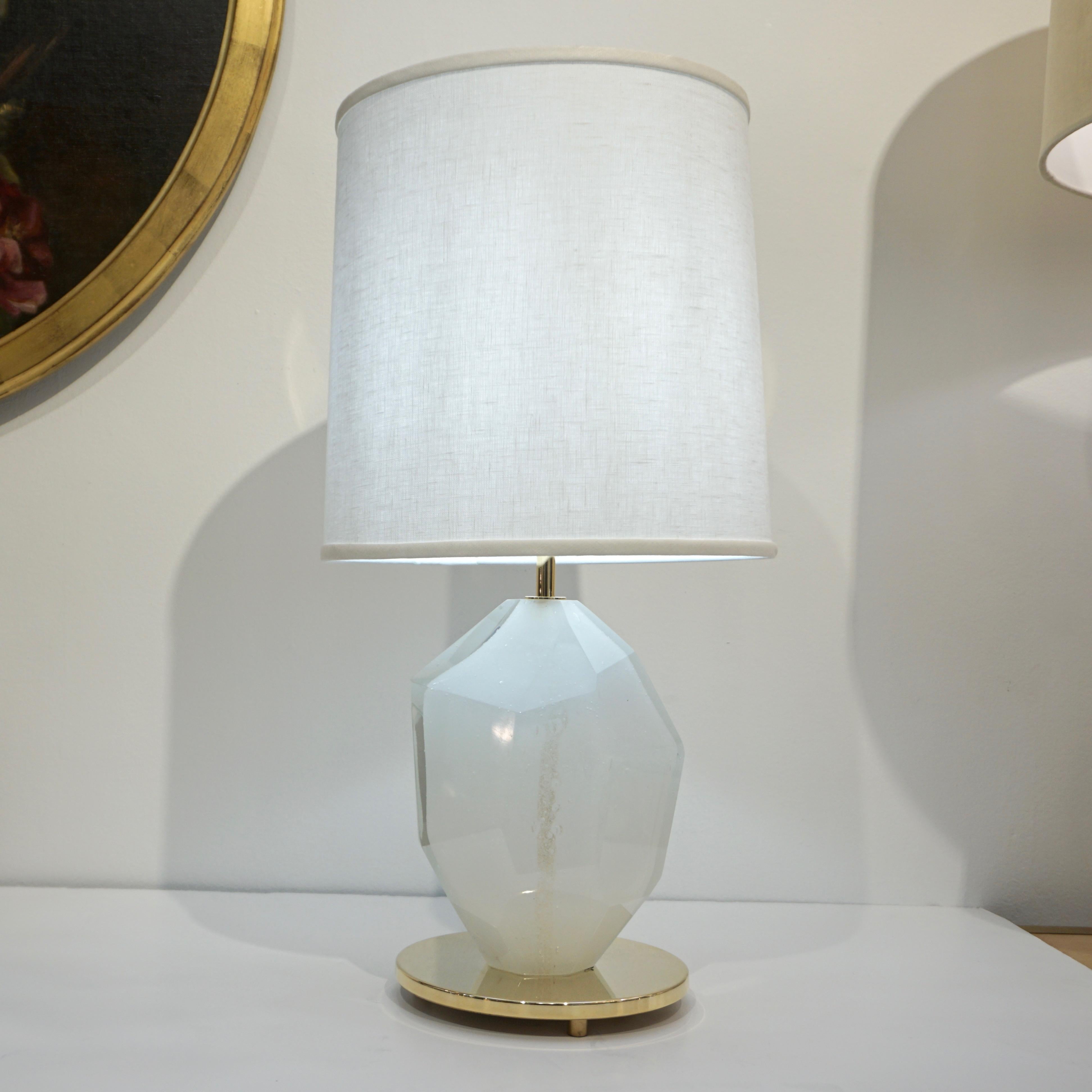 Contemporary Italian Pair of Faceted Solid Rock Frosted White Glass Brass Lamps 2