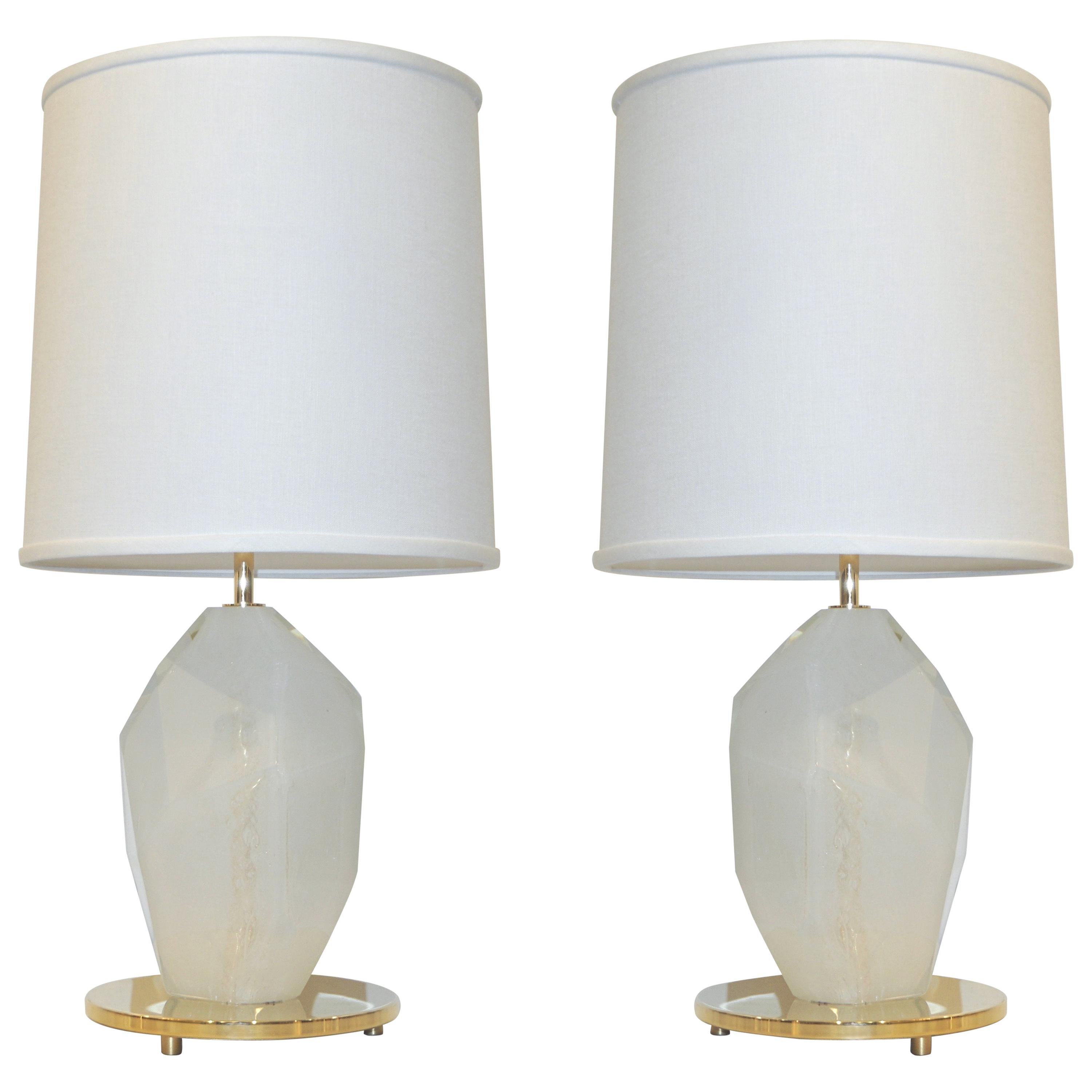 Contemporary Italian Pair of Faceted Solid Rock Frosted White Glass Brass Lamps
