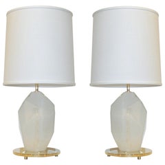 Contemporary Italian Pair of Faceted Solid Rock Frosted White Glass Brass Lamps