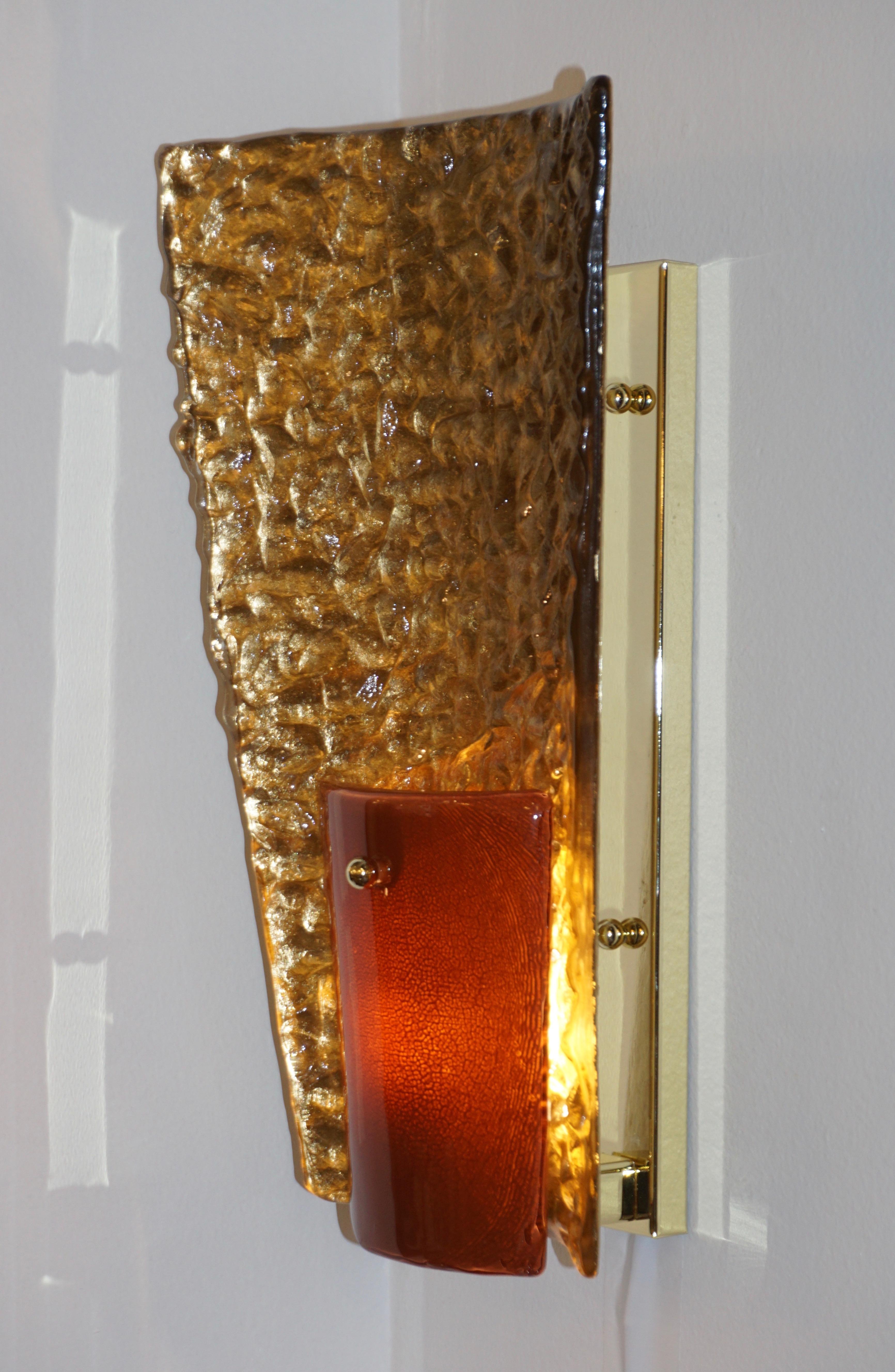 Contemporary Italian Pair of Gold and Amber/Orange Murano Glass Organic Sconces For Sale 8