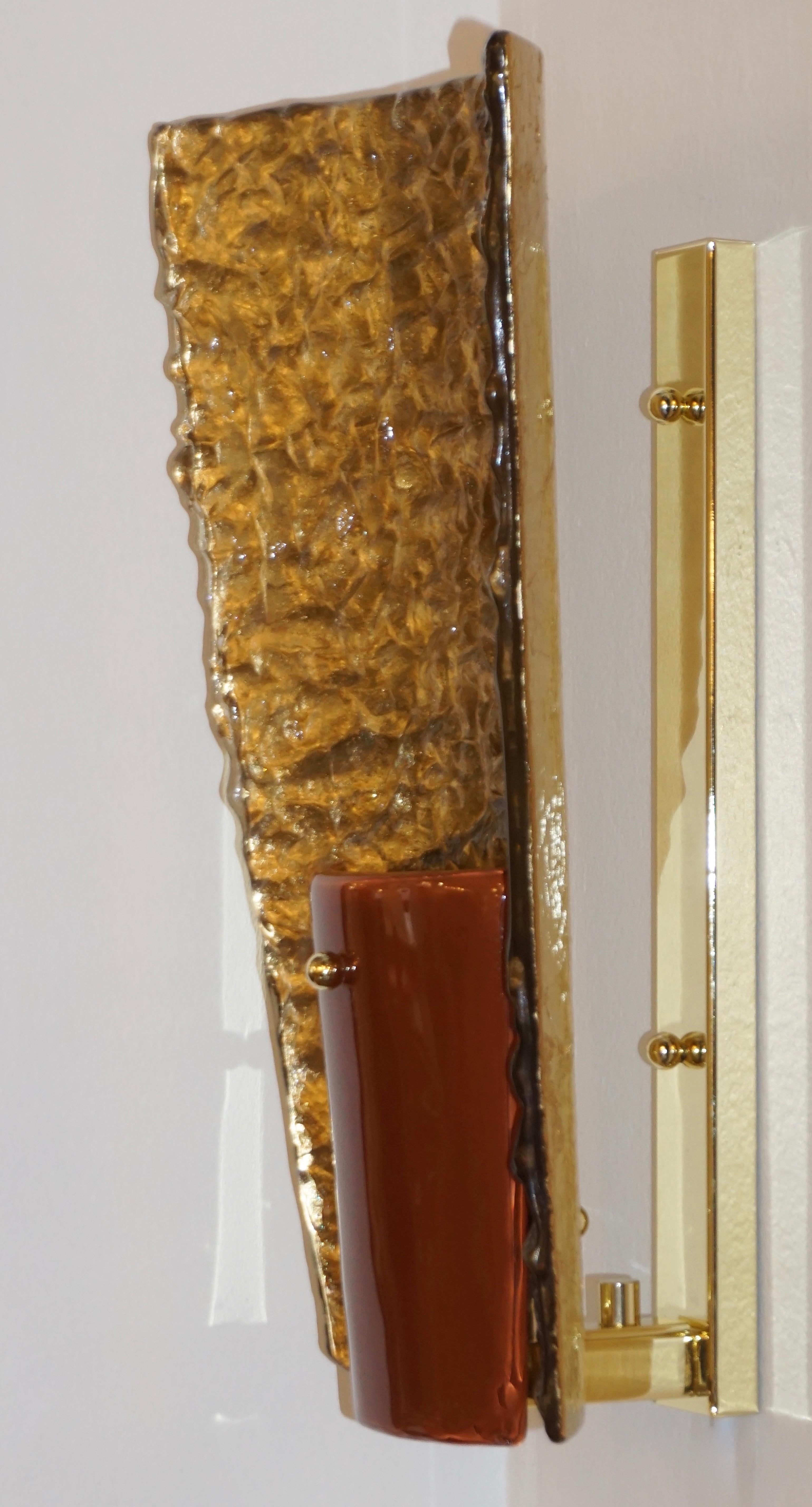 Contemporary Italian Pair of Gold and Amber/Orange Murano Glass Organic Sconces In New Condition For Sale In New York, NY