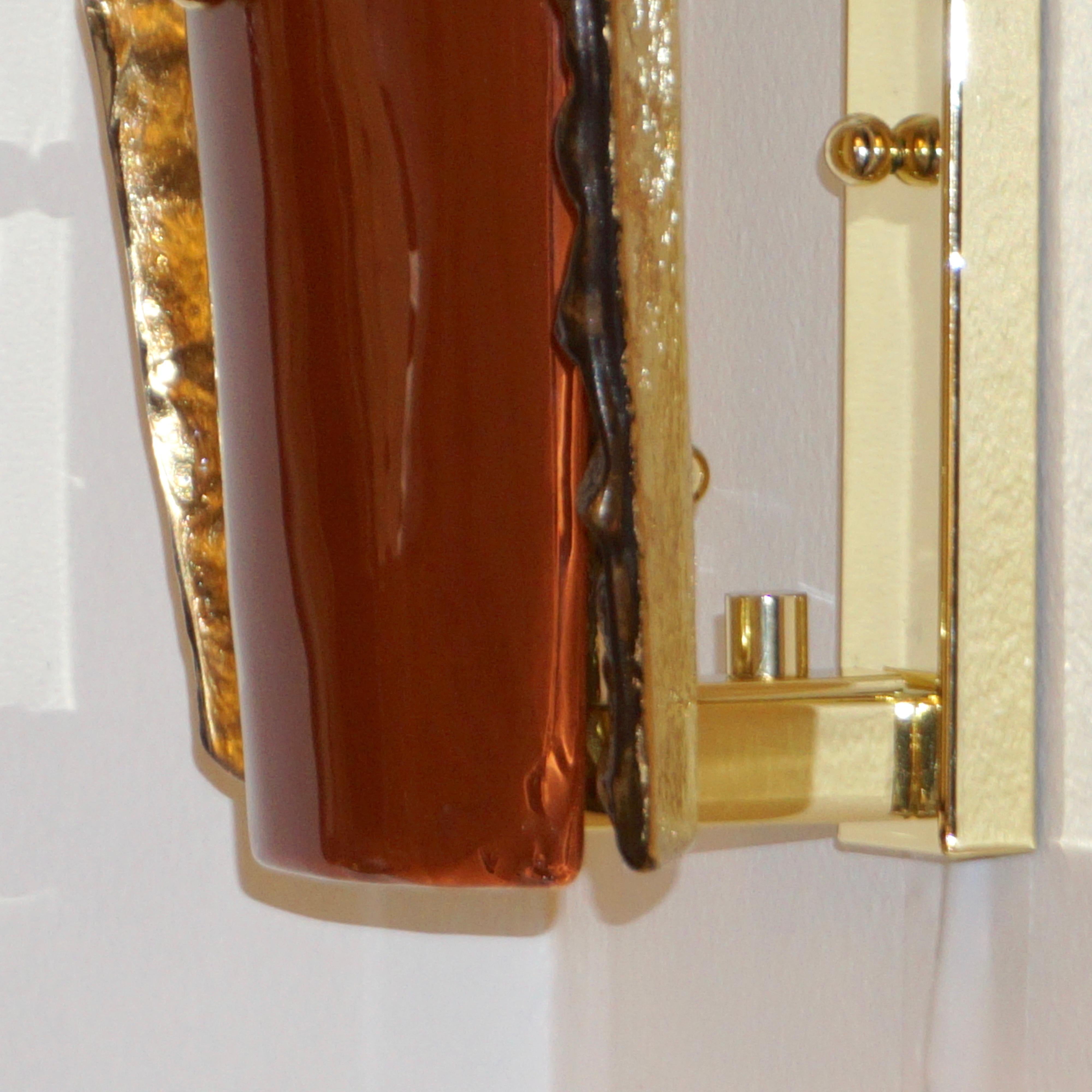 Contemporary Italian Pair of Gold and Amber/Orange Murano Glass Organic Sconces For Sale 4