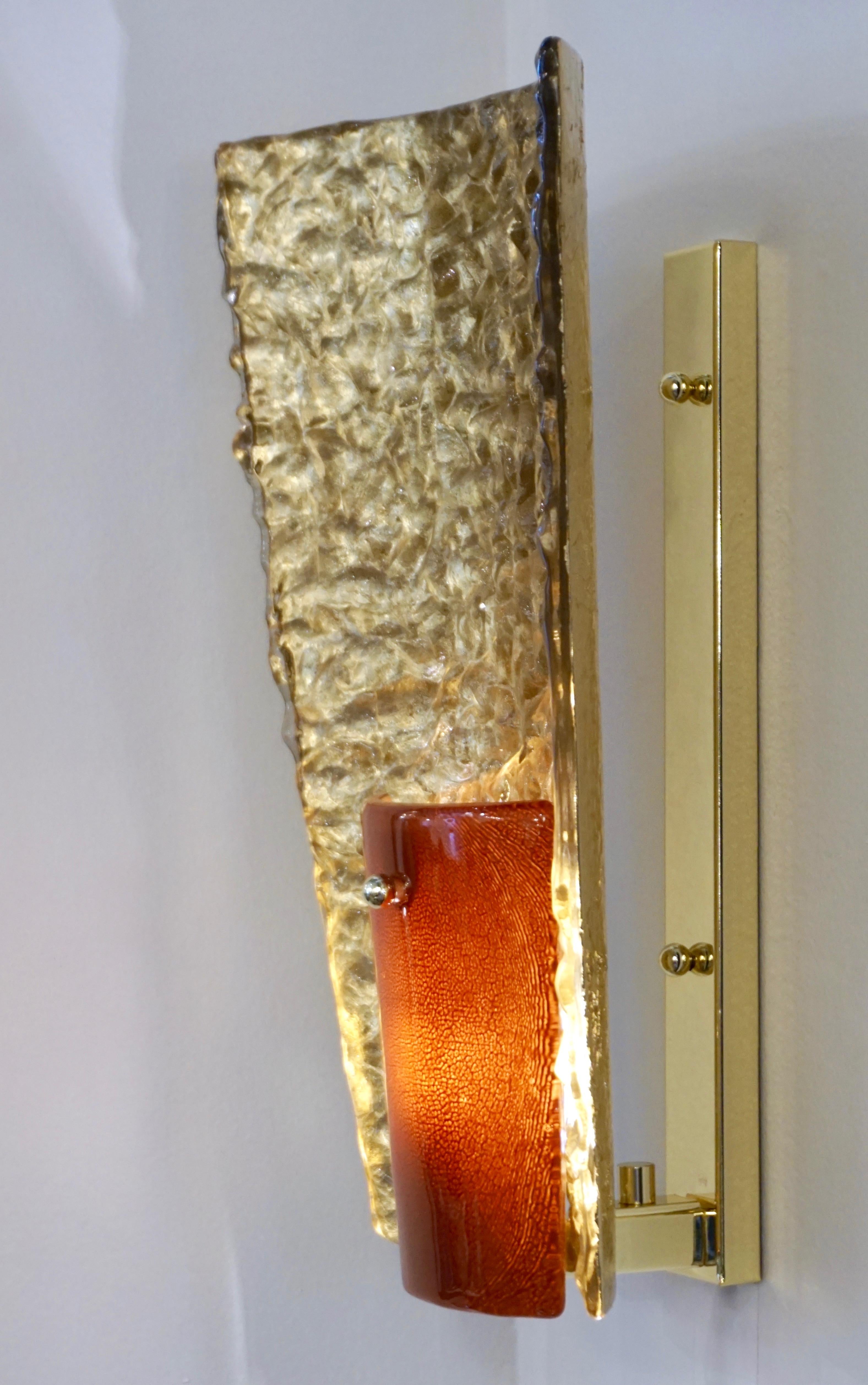 Contemporary Italian Pair of Gold and Amber/Orange Murano Glass Organic Sconces For Sale 5