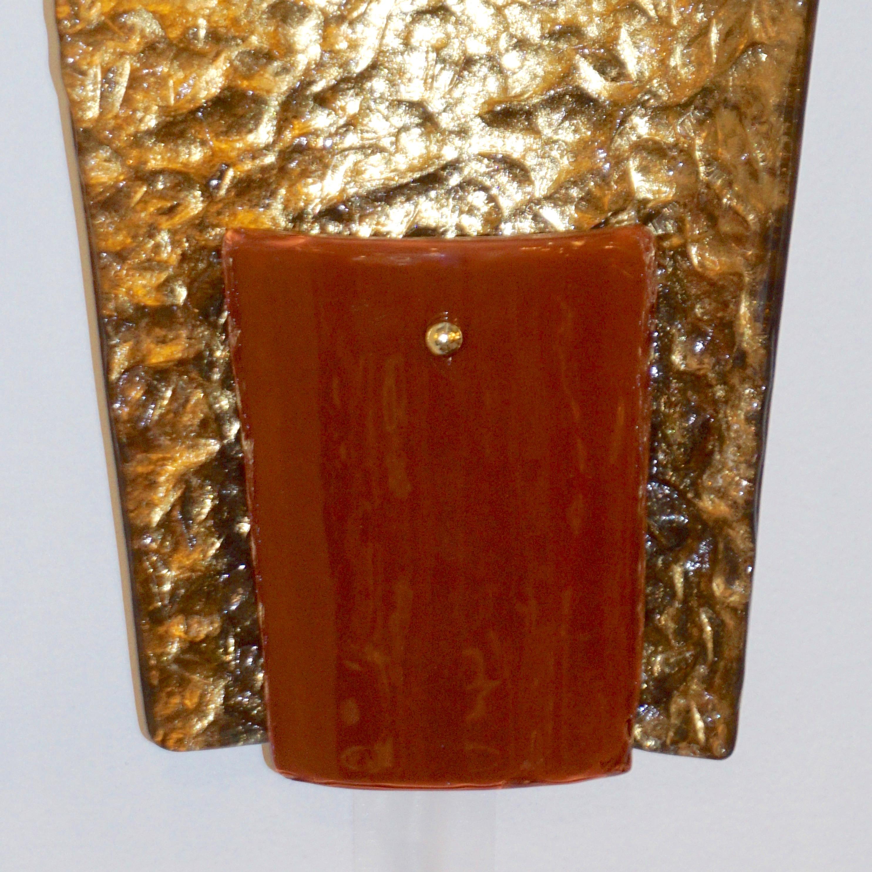 Contemporary Italian Pair of Gold and Amber/Orange Murano Glass Organic Sconces For Sale 6