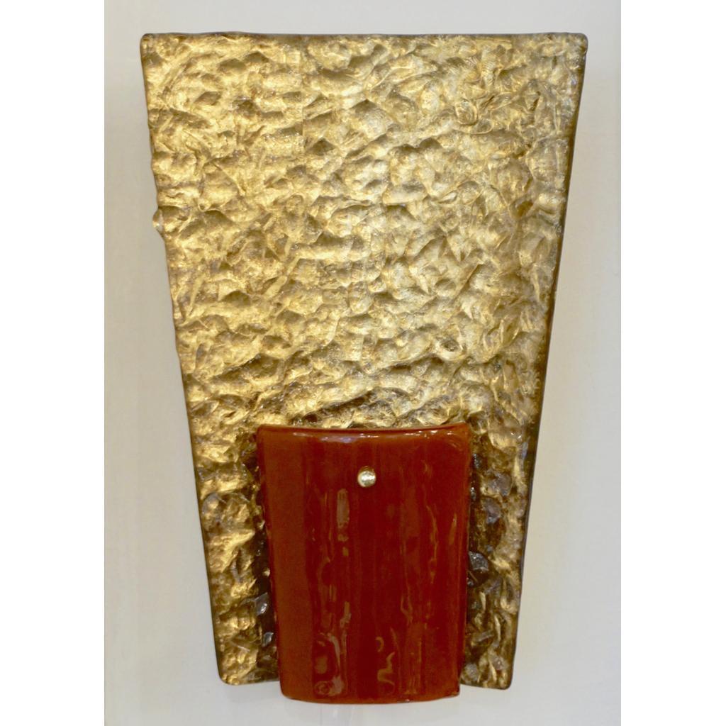 Hand-Crafted Contemporary Italian Pair of Gold and Amber/Orange Murano Glass Organic Sconces For Sale