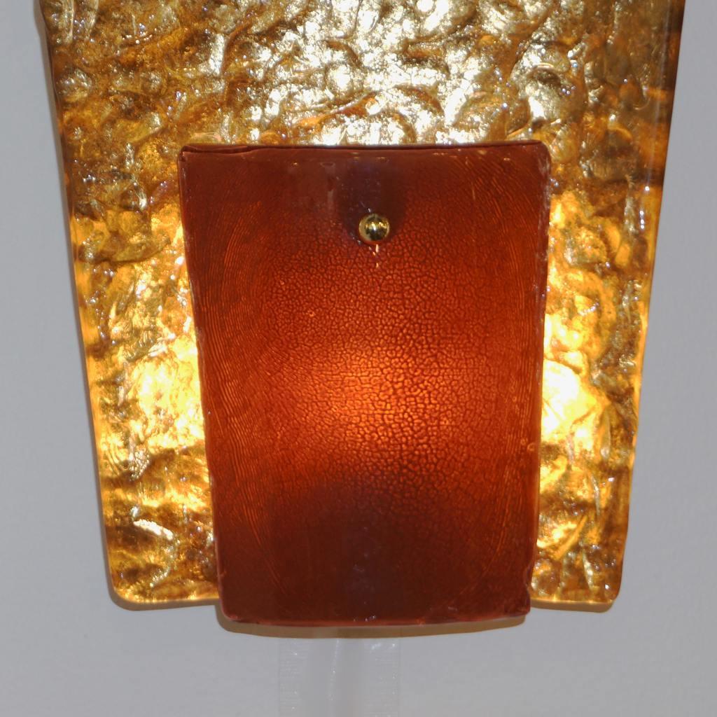 Brass Contemporary Italian Pair of Gold and Amber/Orange Murano Glass Organic Sconces For Sale