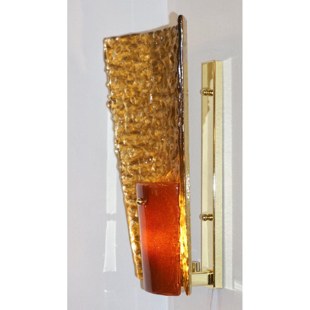 Contemporary Italian Pair of Gold and Amber/Orange Murano Glass Organic Sconces For Sale 3