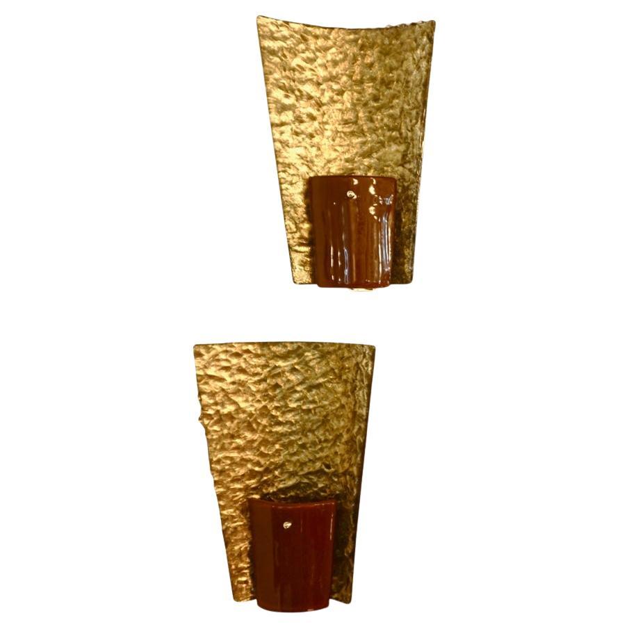 Contemporary Italian Pair of Gold and Amber/Orange Murano Glass Organic Sconces For Sale