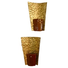 Paire d'appliques organiques italiennes contemporaines en or et en verre de Murano de couleur ambre/orange