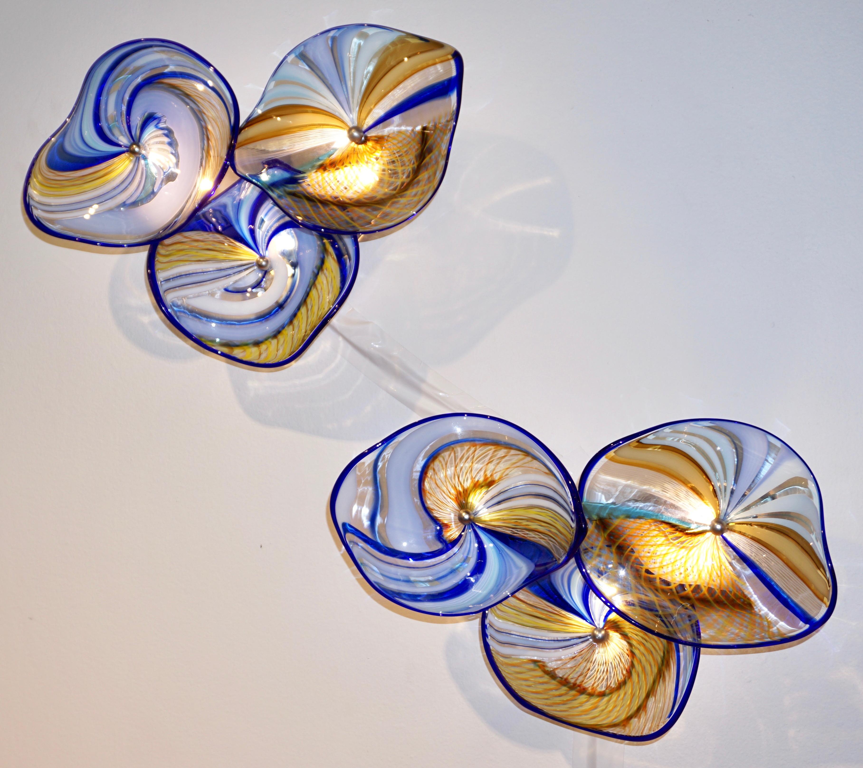 Contemporary Italian Pair of Gold Blue White Yellow Murano Glass Disc Sconces For Sale 4