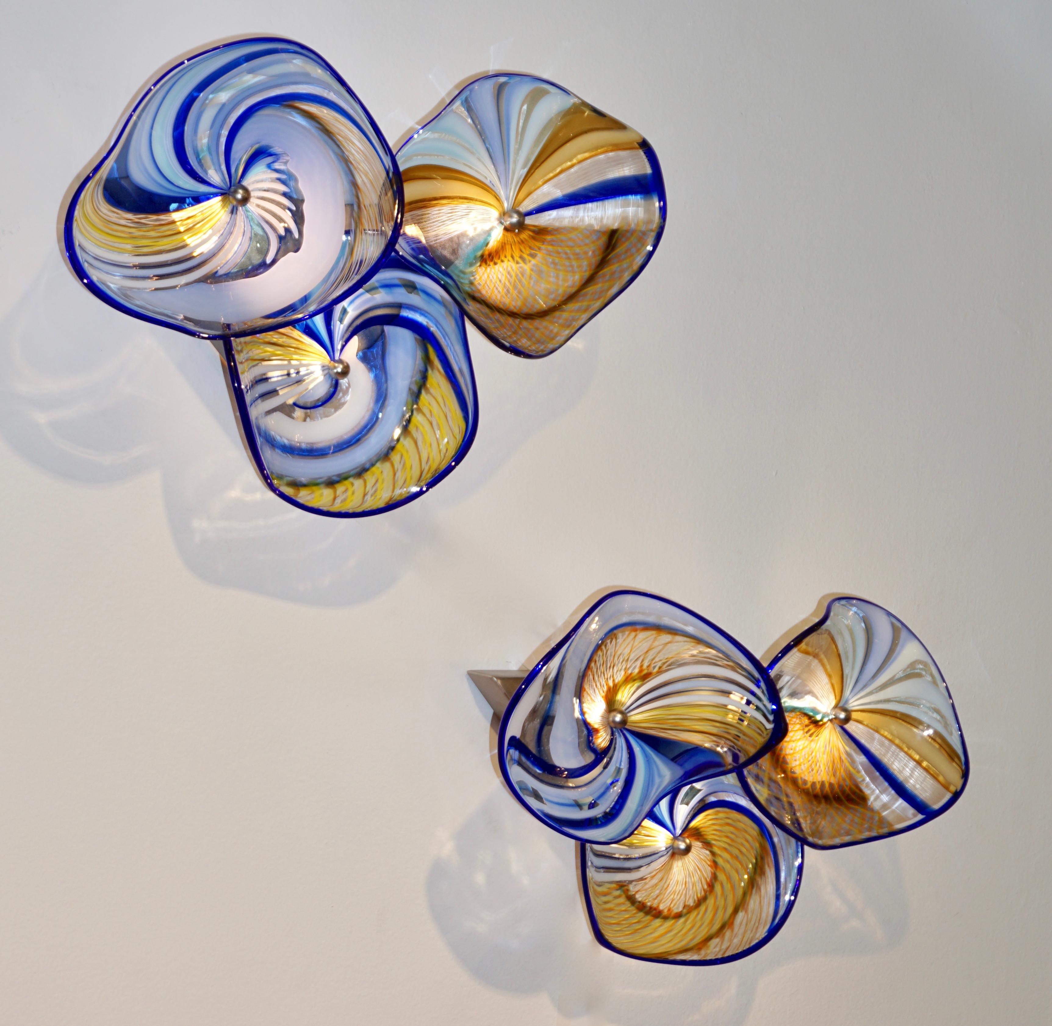 Contemporary Italian Pair of Gold Blue White Yellow Murano Glass Disc Sconces For Sale 9