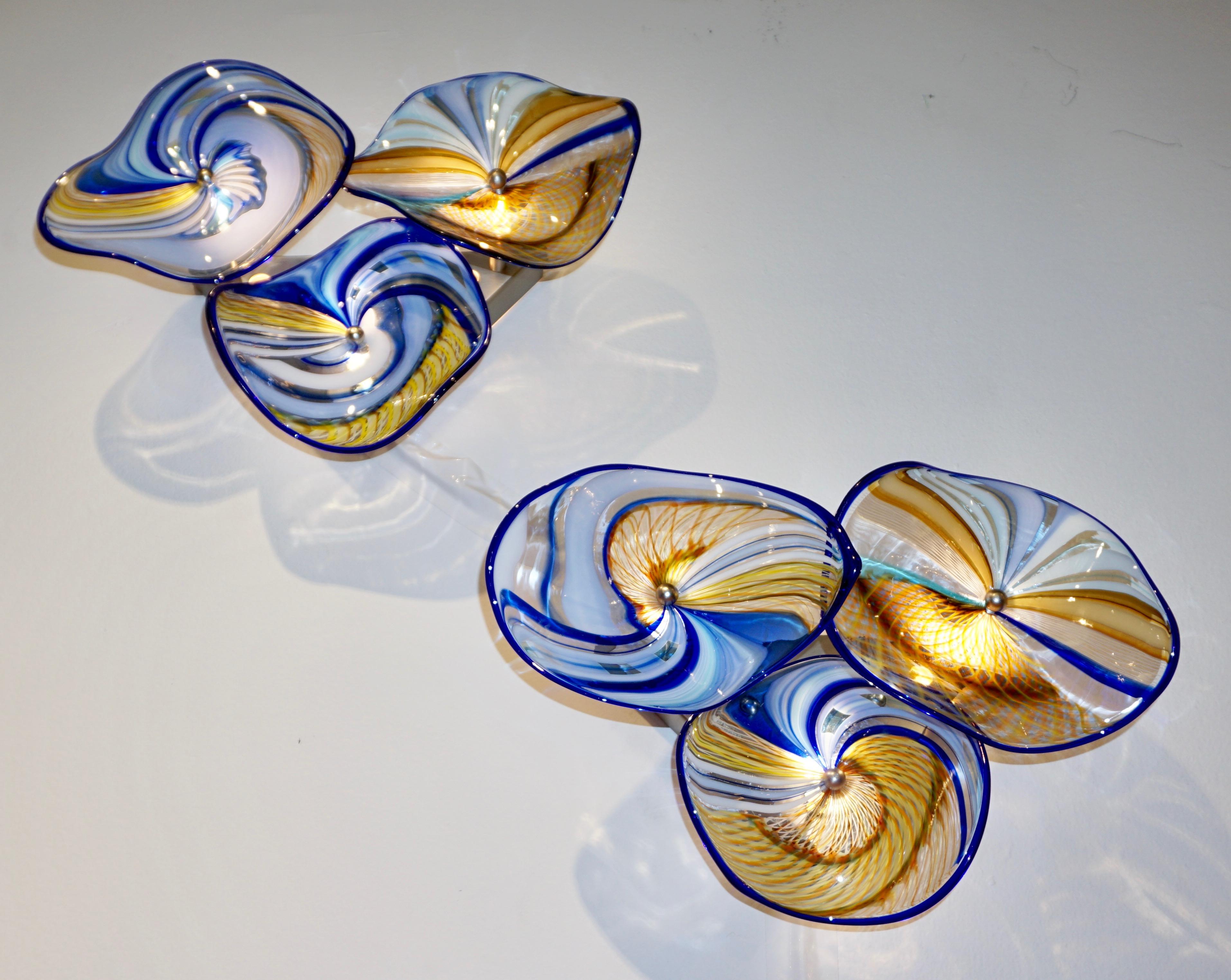 Contemporary Italian Pair of Gold Blue White Yellow Murano Glass Disc Sconces For Sale 10