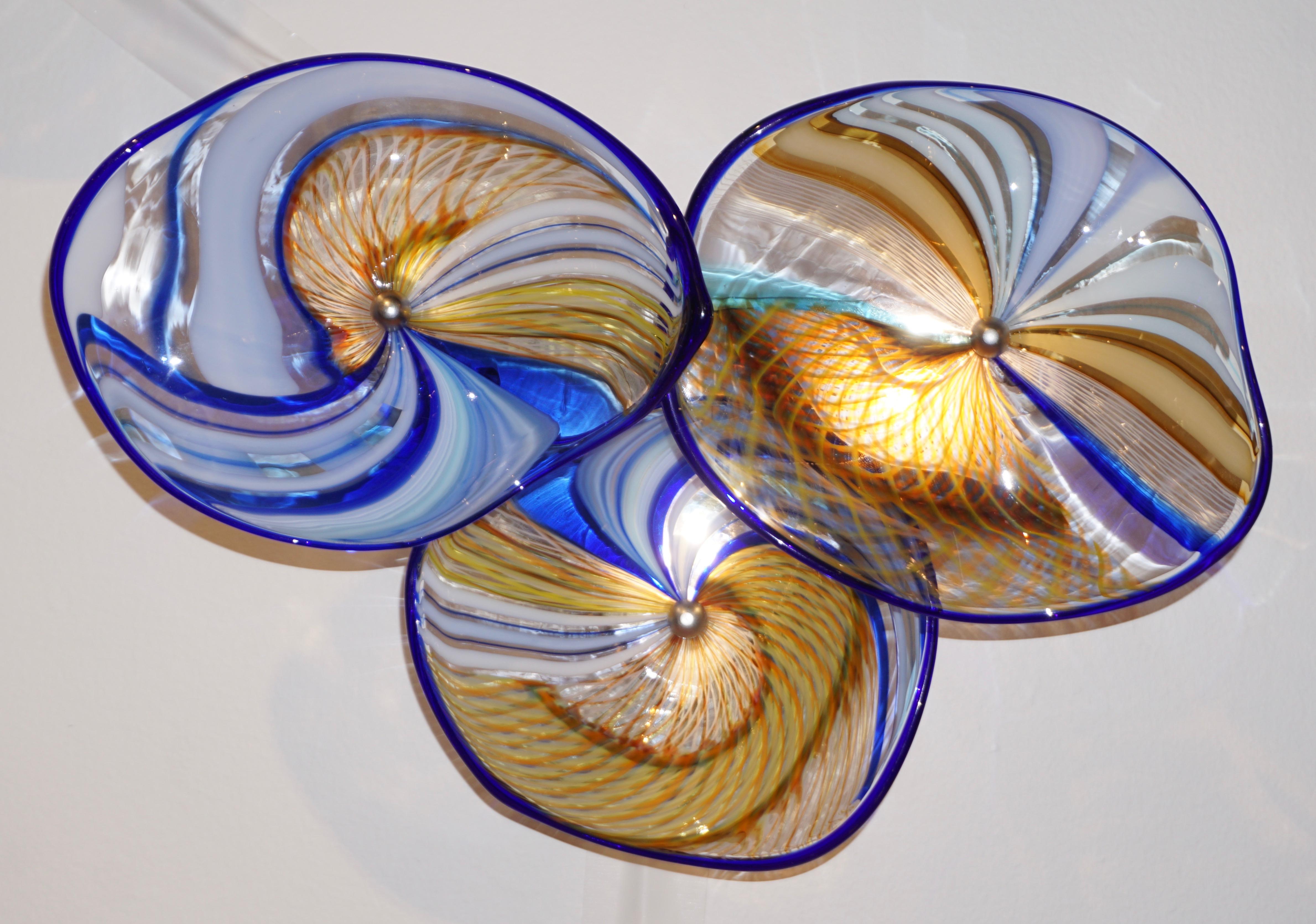 Hand-Crafted Contemporary Italian Pair of Gold Blue White Yellow Murano Glass Disc Sconces For Sale
