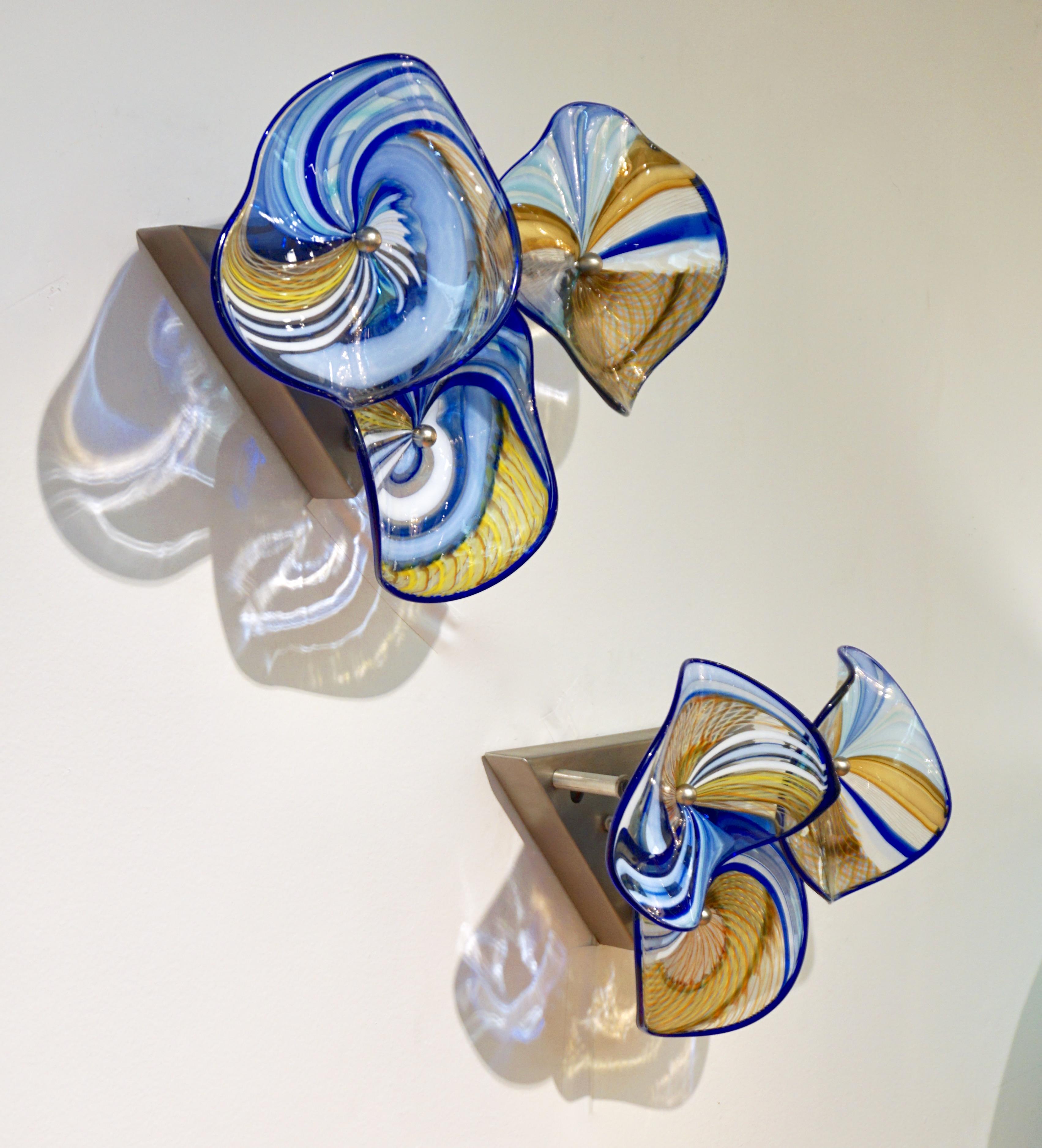 Contemporary Italian Pair of Gold Blue White Yellow Murano Glass Disc Sconces For Sale 13