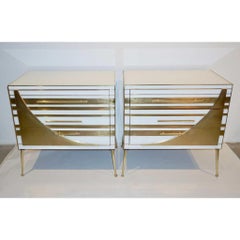 Contemporary Italian Pair of Gold Brass and White Cream Glass Chests Side Tables