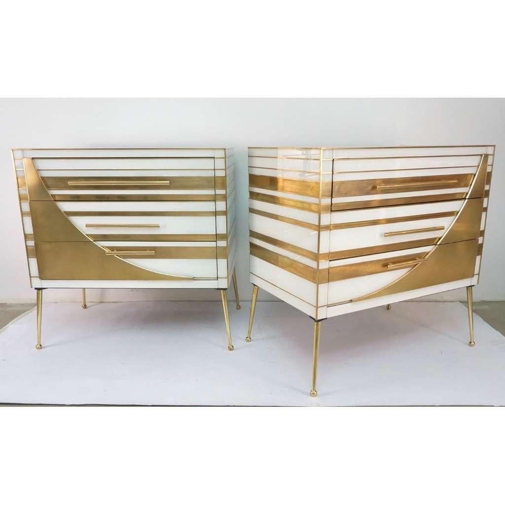 Organic Modern Contemporary Italian Pair of Gold Brass and White Cream Glass Chests Side Tables