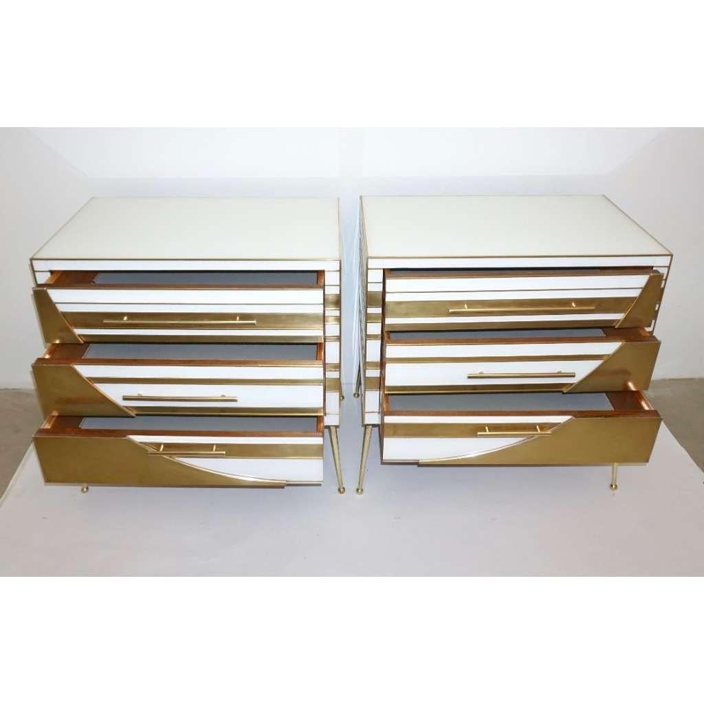 Hand-Crafted Contemporary Italian Pair of Gold Brass and White Cream Glass Chests Side Tables