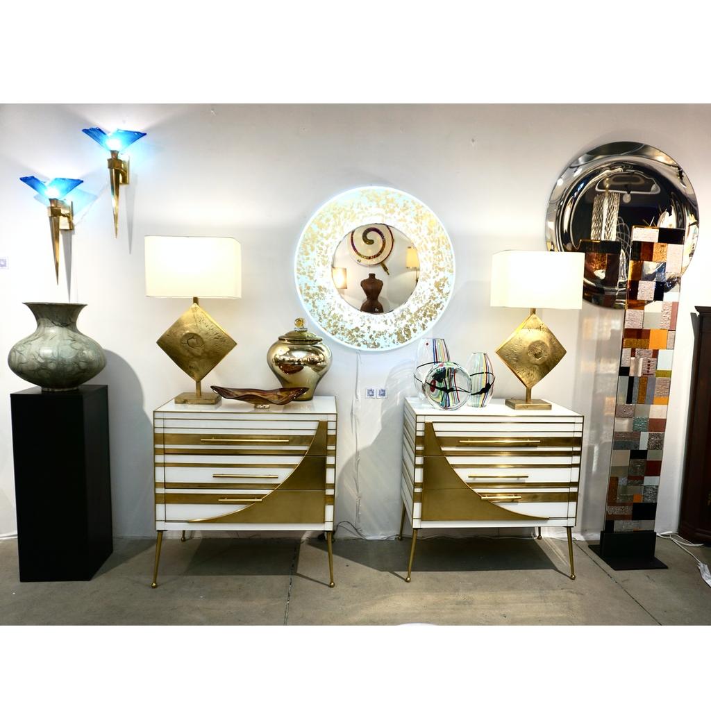 Contemporary Italian Pair of Gold Brass and White Cream Glass Chests Side Tables 4