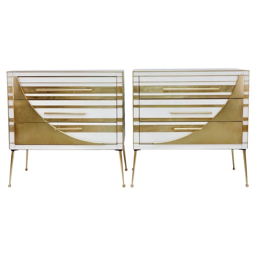 Contemporary Italian Pair of Gold Brass and White Cream Glass Chests Side Tables