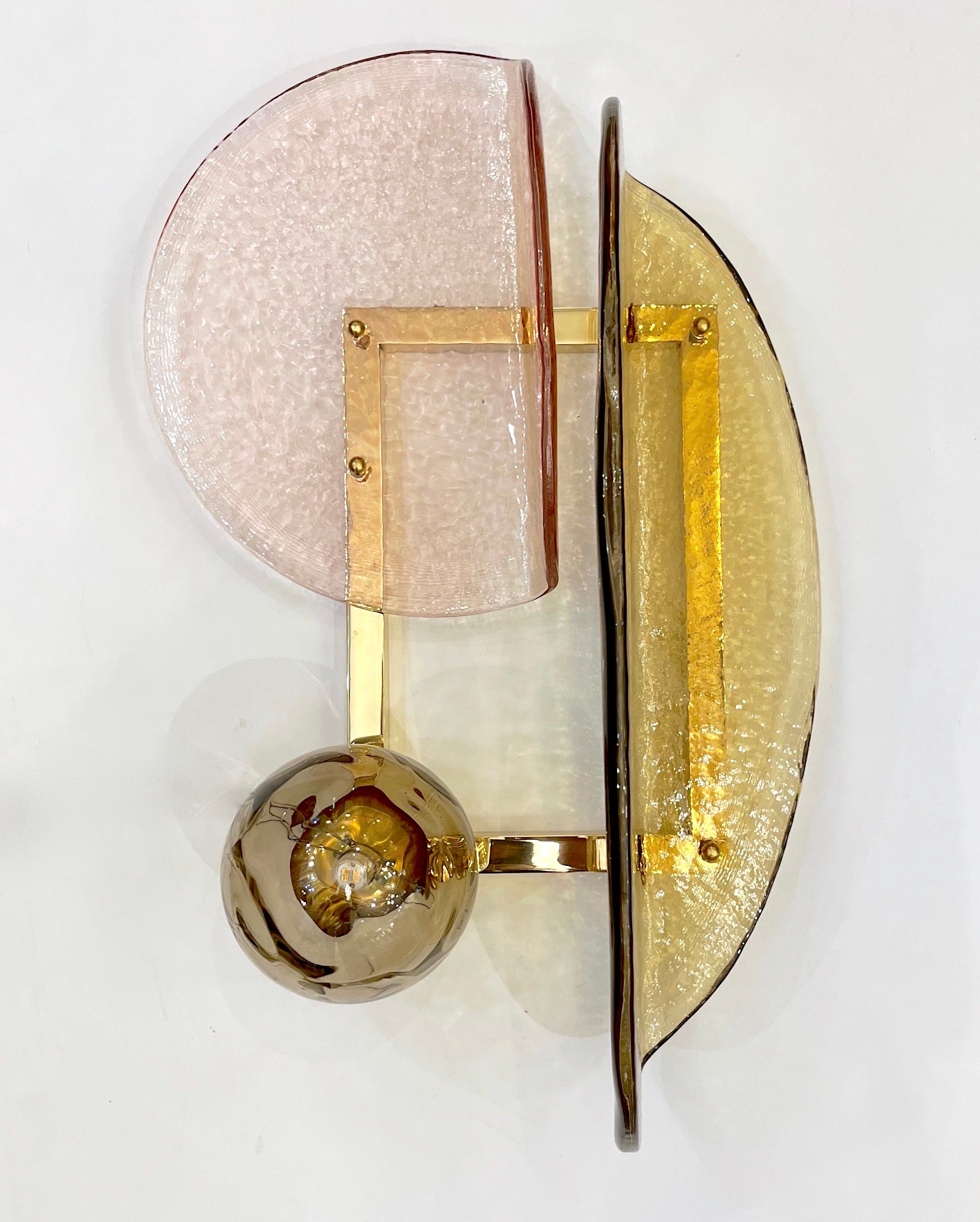 Contemporary Italian Pair of Organic Pink Amber Murano Glass Gold Brass Sconces For Sale 12