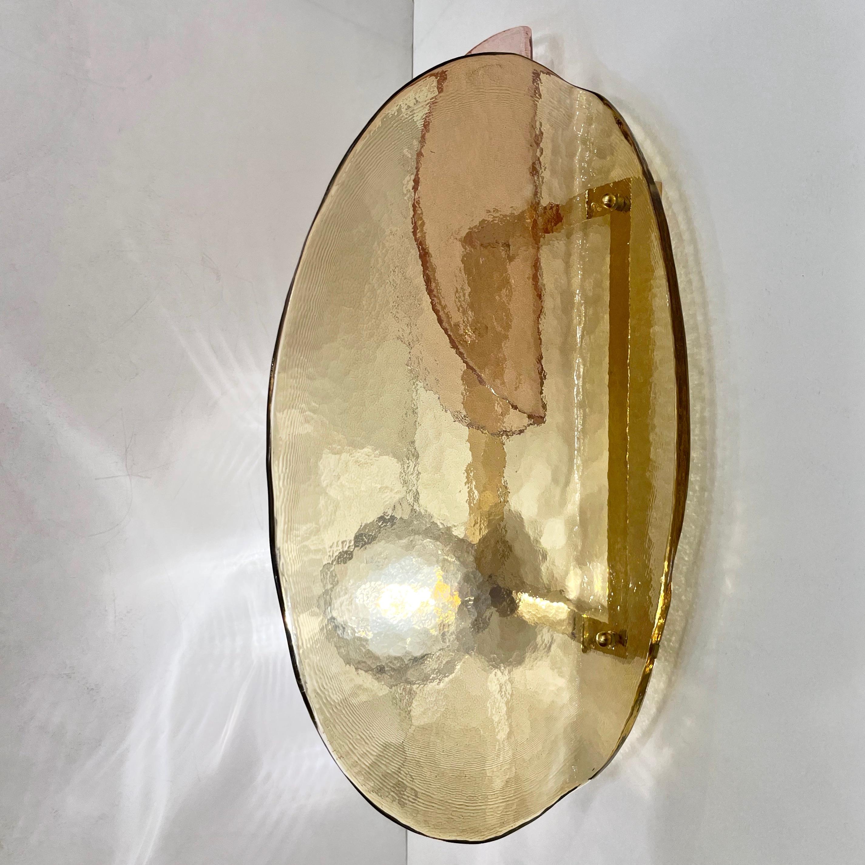 Contemporary Italian Pair of Organic Pink Amber Murano Glass Gold Brass Sconces In New Condition For Sale In New York, NY